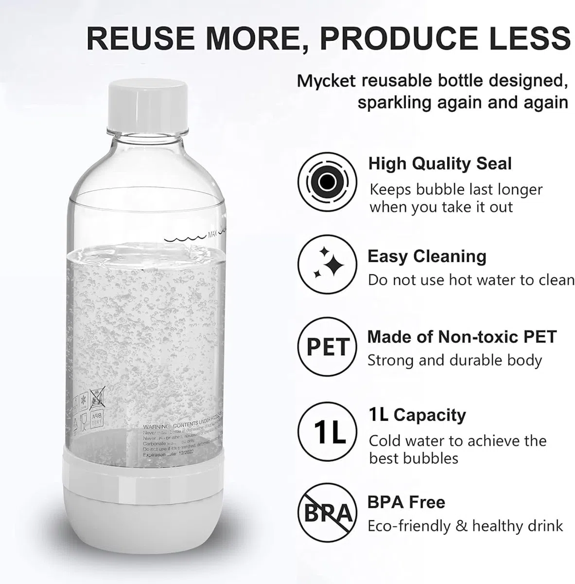 Mycket Soda Maker Flaschen, 2 x 1L Carbonating Bottles, BPA-frei Kohlensäureflaschen, Wiederverwendbare PET-Sprudelwasserflaschen, Ersatzflaschen für Soda-Maschine, Schwarz+Weiß