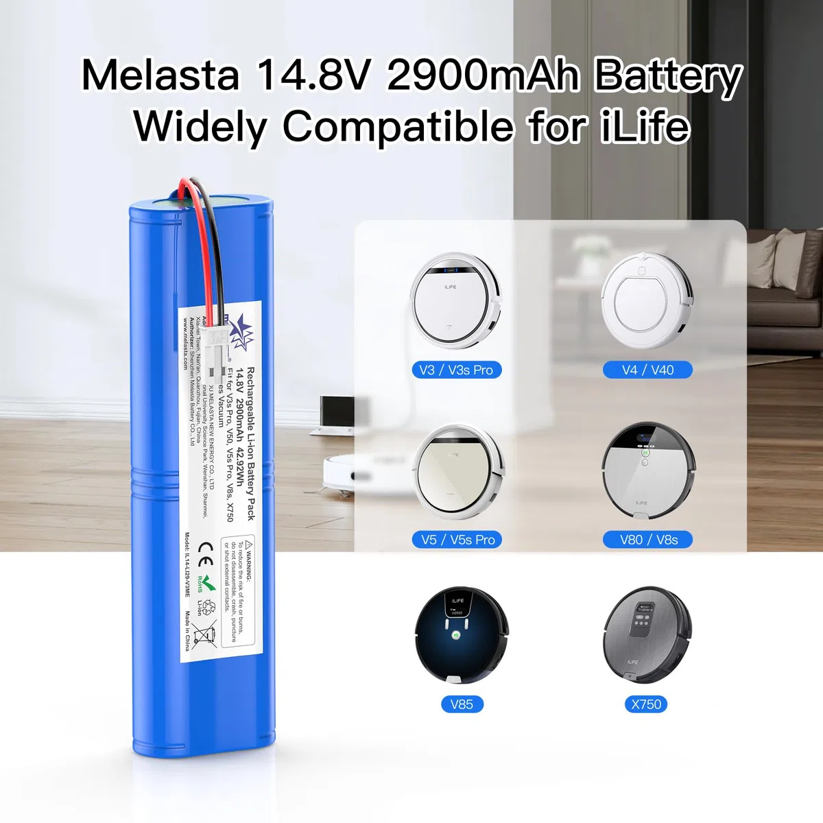 melasta 2900mAh Li-ION Akku für iLife Zaco V5s Pro,V5s V4,V3s Pro, V4, V40, V50, V5s Pro, V5x, V80, V8s, V85, X750 Serie, Ersatz für iLife Staubsauger 18650B4-4S1P-AGX-2 Akku.(14.4V / 2900mAh)
