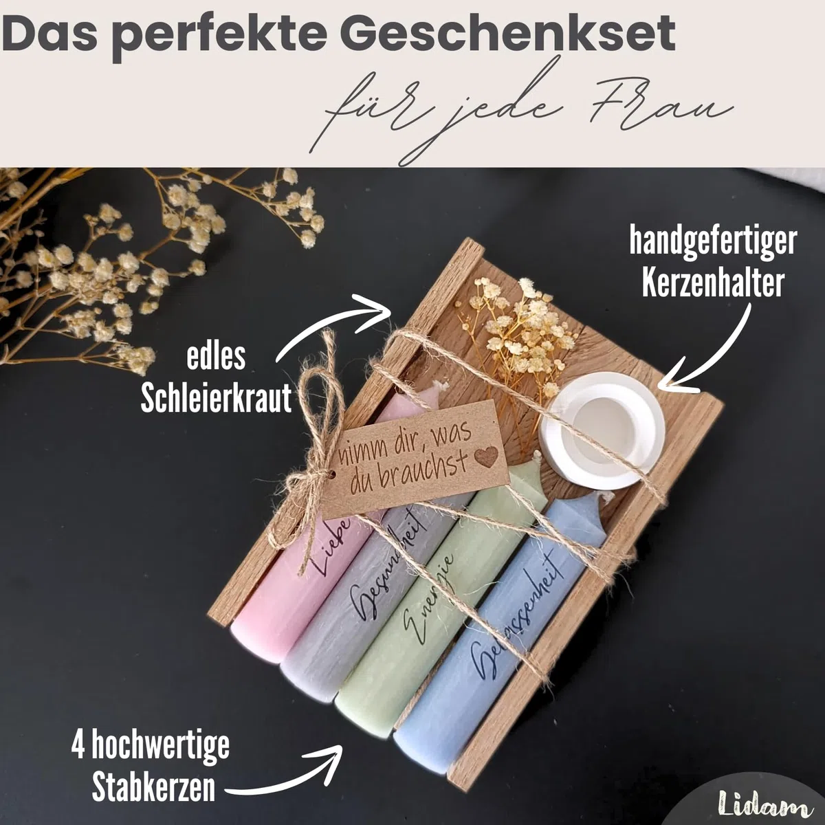 Kerzen Geschenkset | nimm dir, was du brauchst | Kerzenhalter & Trockenblumen – stilvolle Geschenke für Frauen, Freundin, Geschenke für Mama, Lieblingsmensch, Geschenkset Frauen