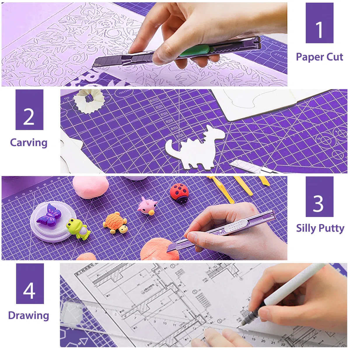 Miuzei A3 A2 Schneidematte mit Rollschneider und Ersatzklingen, Selbstheilende Handwerksunterlage Lila, Nähzubehör, Stoffschneider-Set, Cutting Mat,Schreibtischunterlage zum Basteln Schneiden,Malen