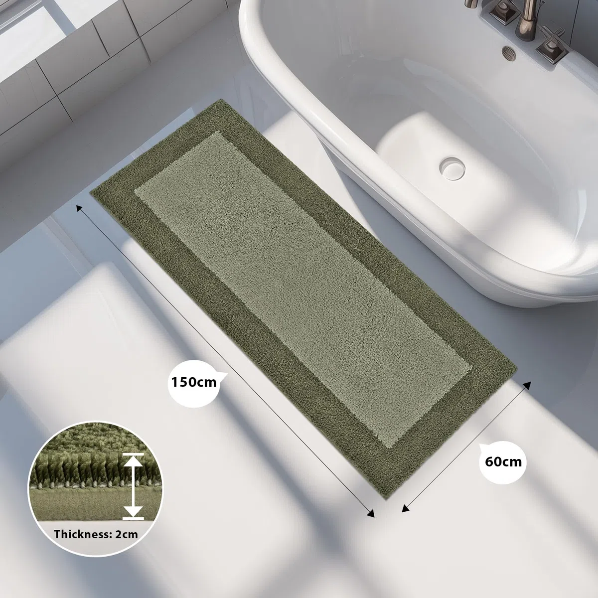 Badezimmerteppich 60 X 150 cm, Badematte rutschfest, Badteppich Waschbar, Badvorleger für Dusche, Badewanne und Fußboden