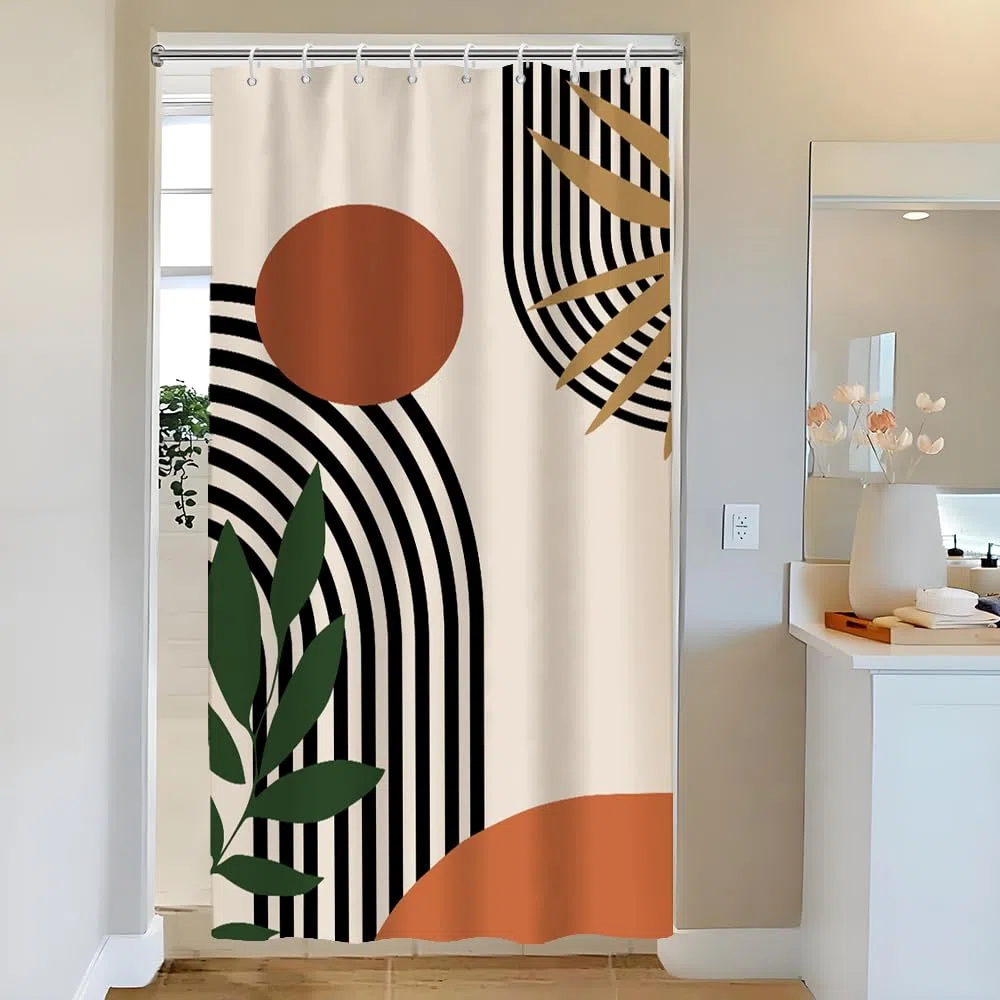 Duschvorhang Terracotta, Duschvorhang 120x200cm Boho Style Orange Abstrakt Kunst Grüne Blätter Duschvorhänge Anti Schimmel Stoff Waschbar Polyester Bad Vorhang mit 8 Haken für Badezimmer