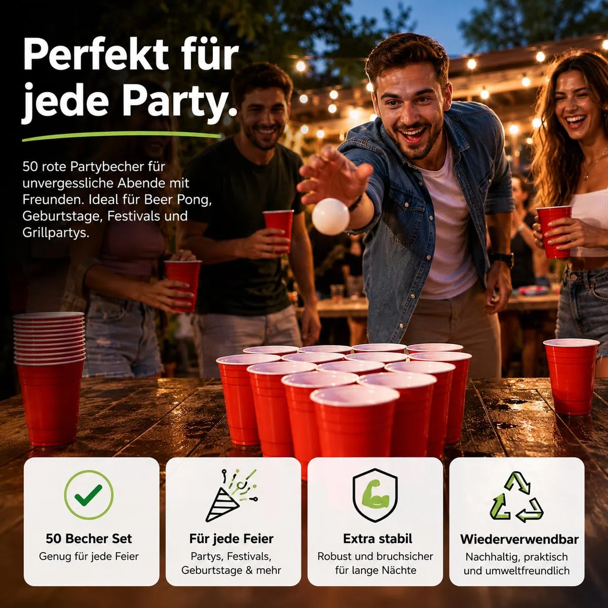 Red Cups extra stark – 473 ml / 16 oz Beer Pong Becher, wiederverwendbare Partybecher, rote Plastikbecher für Bierpong, Partys, Festivals, JGA, Camping (250x)