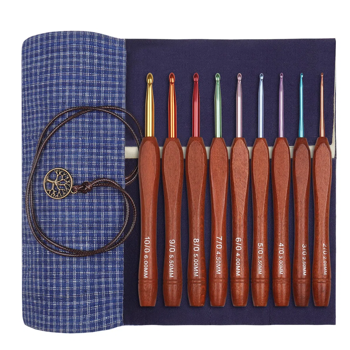 Aeelike Holzgriff Häkelnadel Set, 9 Stück Ergonomische Häkelnadeln mit Schön Tasche für Arthritische Hände, 2,0-6,0 mm Leichte Starter Häkelnadeln mit Bunte Aluminium-Hakenkopf für Anfänger, Profis