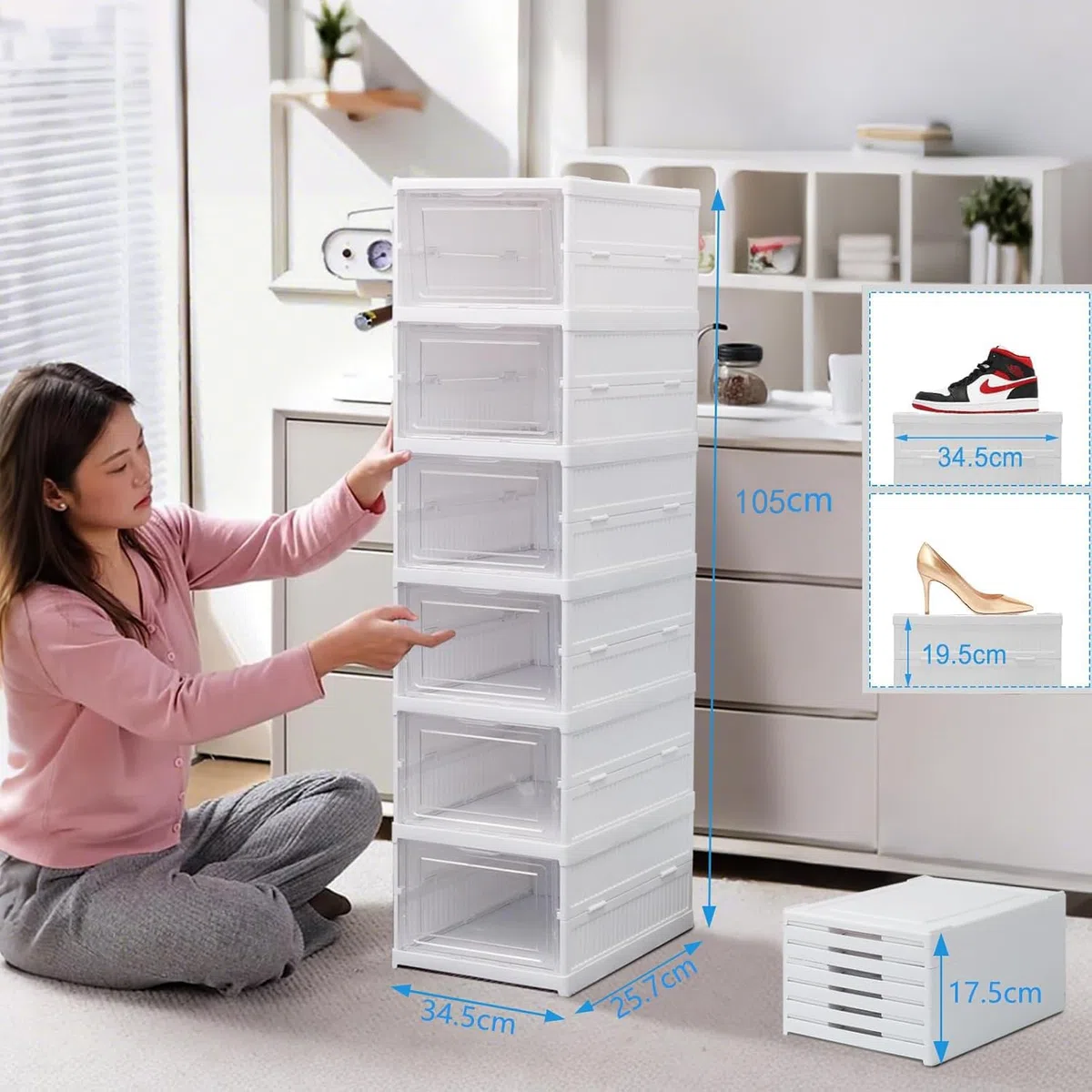 Schuhboxen Transparent Faltbar Shoe Box Schuhkarton Sneaker Regal Schuh Aufbewahrung Organisierer Ordnungssystem Schuhorganizer boxen mit Tür für Schuhe bis Größe 46
