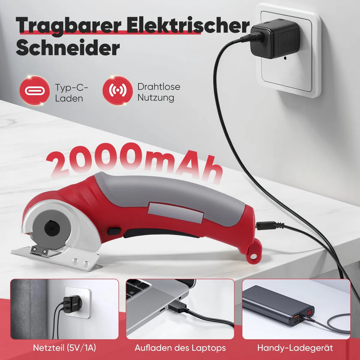 Kartonschneider Schnurlose Elektrische Schere, Kabellose Elektrische Schneidemaschine Elektrischer Kistenschneider für Papier, Pappe, Teppich, Leder, Filz, Geschenke für Männer und Frauen(Rot)