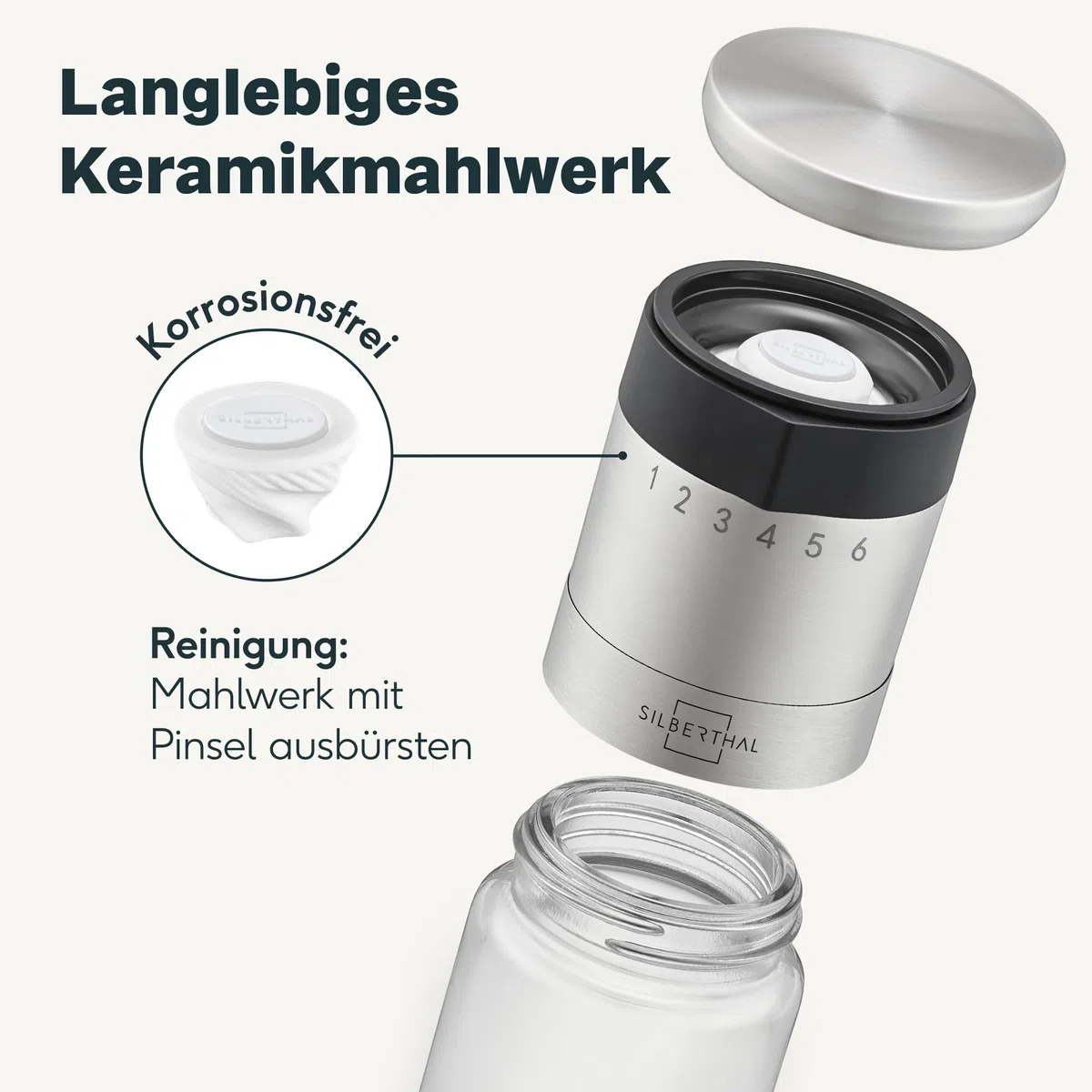 SILBERTHAL Pfeffer- & Salzmühle – Mit außenliegendem Einstellring - 6-Stufen-Mahlwerk, langlebigem Keramikmahlwerk, Aromadeckel und spülmaschinenfestem Glas