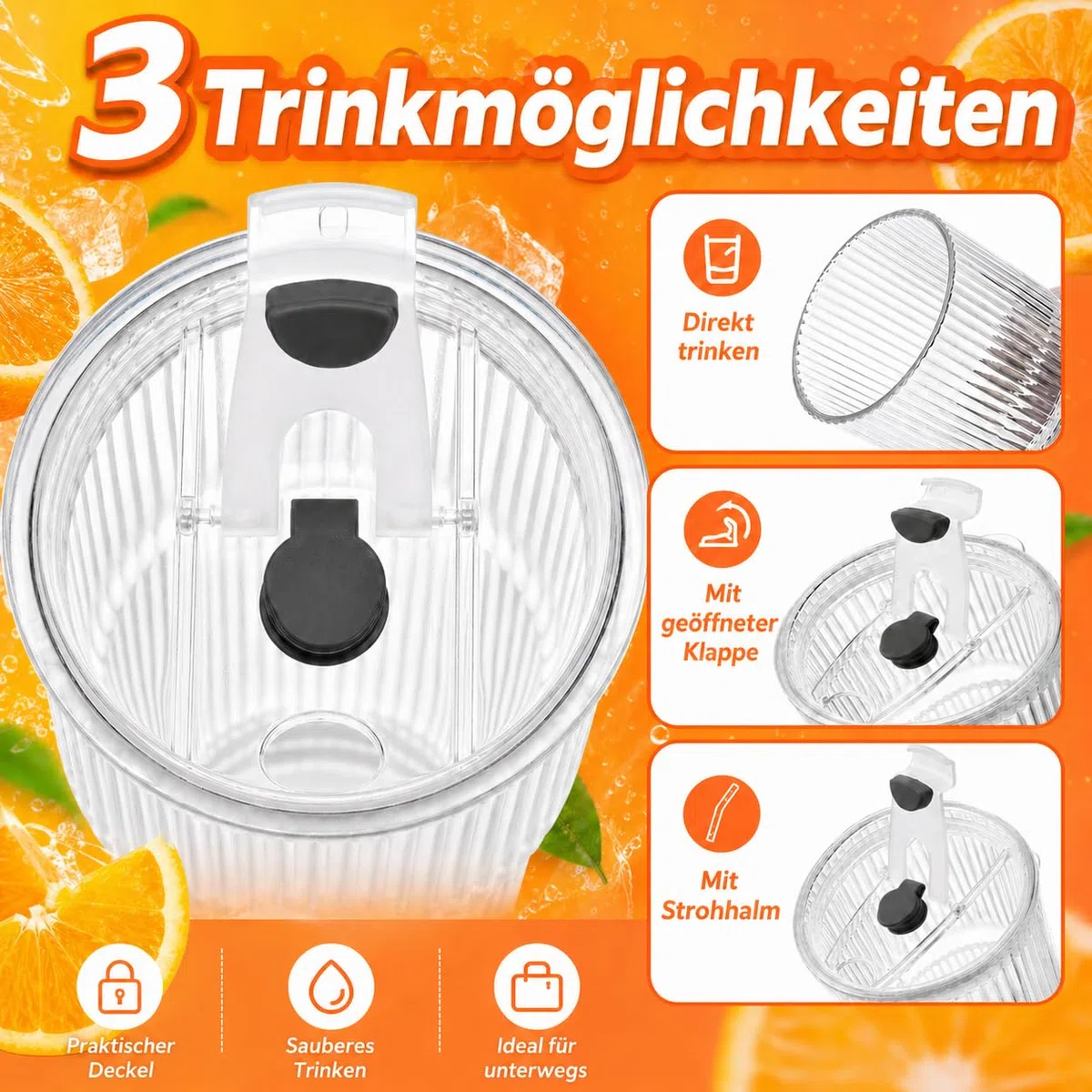 ALINK 2 Stück 600ml Gerippte Glasbecher mit Deckel und Strohhalm, Eiskaffee Gläser, Longdrinkglas Set, Smoothie Becher, luftdichtes und wasserdichtes Design, ideal als Kaffee
