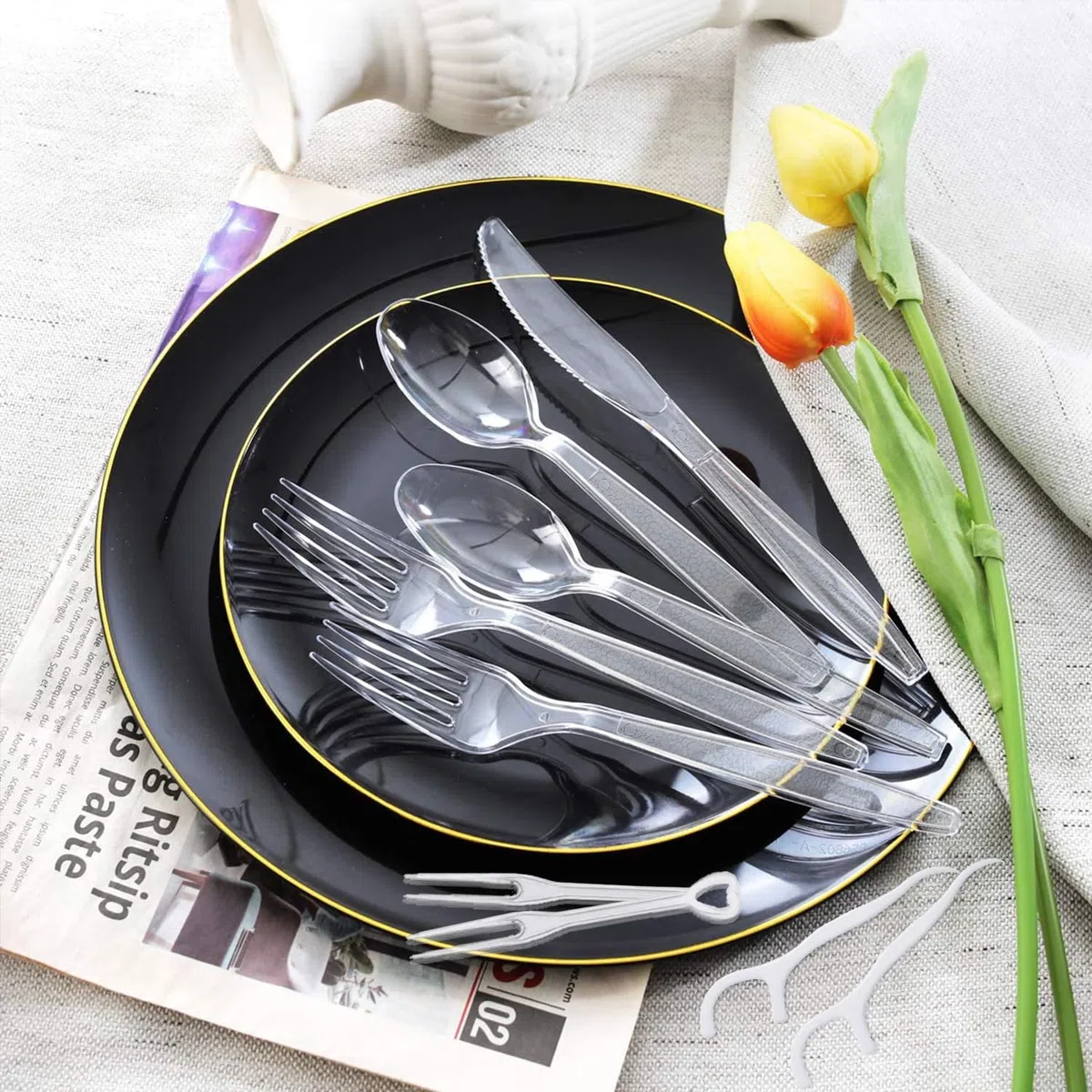 500PCS Plastikbesteck,Plastiklöffel,Plastikgabeln,Plastik Messer,Party Besteck Wiederverwendbar,Jeweils 100 Stück,Plastik Besteck mit Obstgabel und Zahnseide,Partygeschirr Mehrweg & Robust