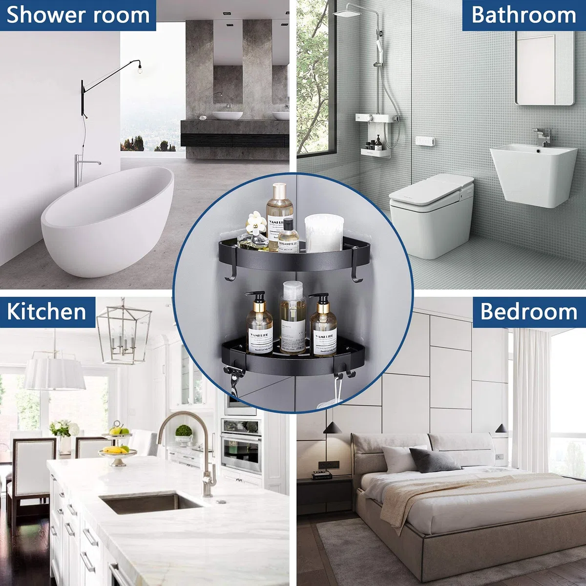 Duschregal Ohne Bohren Duschablage Schwarz Eckregal, Dreieck Duschkorb, Badezimmer Regal Badregal, Dusche für Bad Küche Toilette, Aluminium, 2 Stück