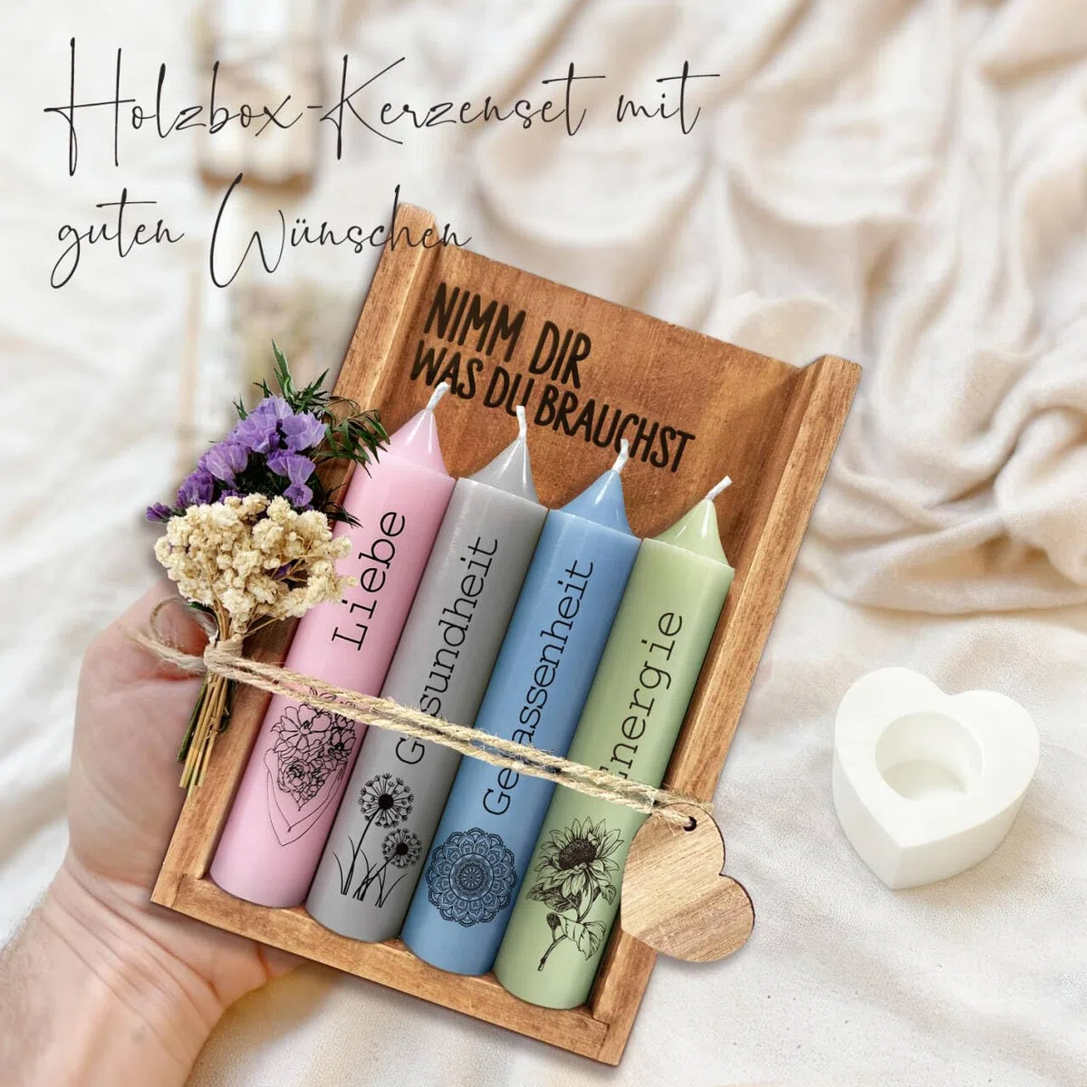 Kerzen Geschenkset Geburtstagsgeschenk für Frauen | Nimm dir was du brauchst | Geburtstagskerze mit Spruch Deko Kerzenhalter Set mit Holzbox Trockenblumen Geschenkidee für Freundin Schwester