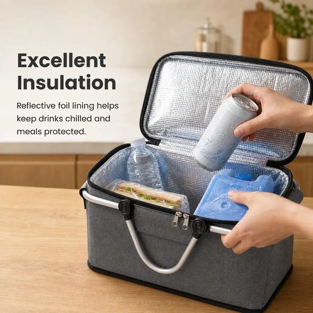 Einkaufskorb Faltbar, Einkaufskorb mit Kühlfunktion, Thermo als Picknickkorb, Tragekorb, für Picknick, Reisen, Einkaufen,18L(Grau)
