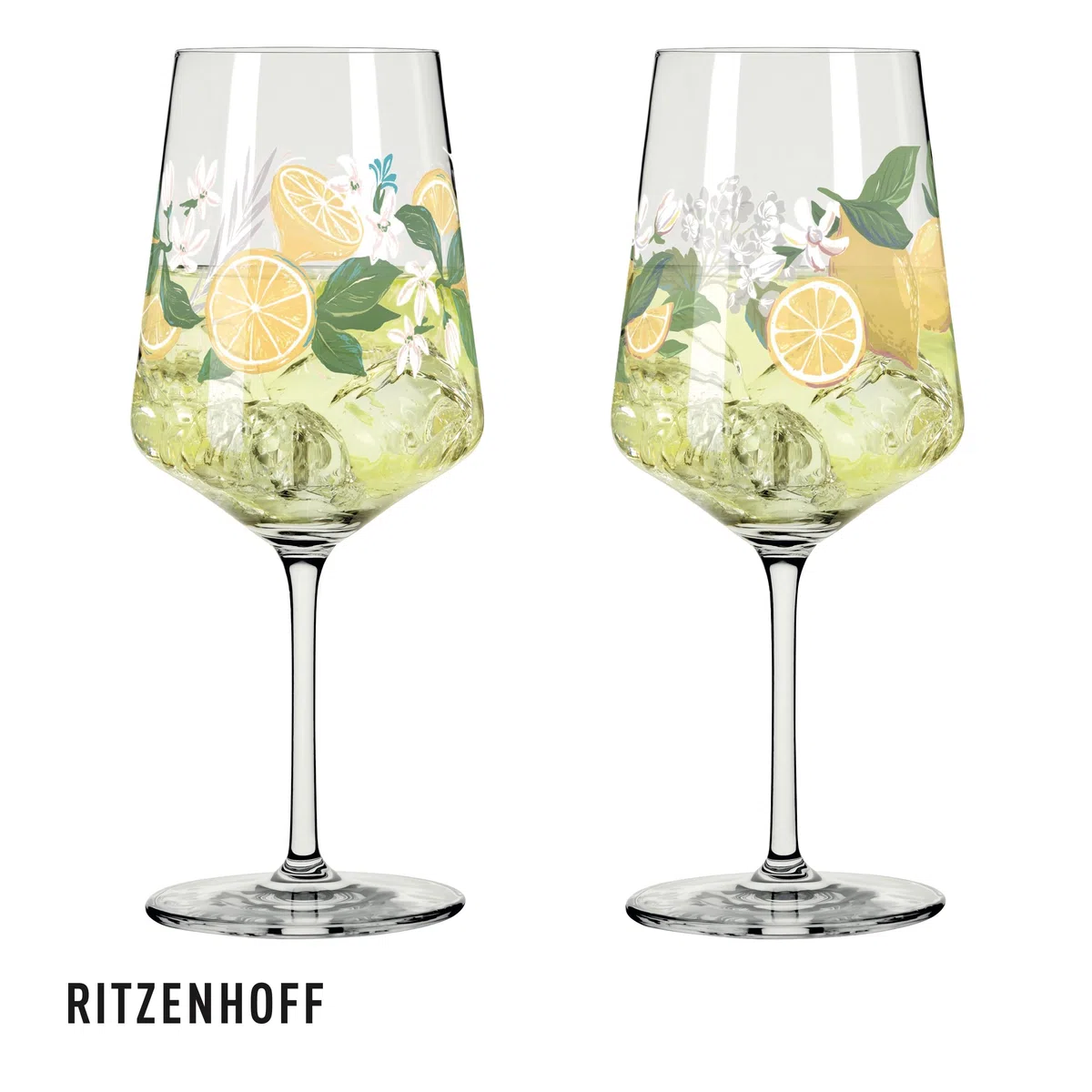 RITZENHOFF 6041006 Limoncello-Glas 500 ml - 2er-Set - Serie Sommertau - 2 Stück für Aperitif, Zitronen-Motiv bunt- Made in Germany