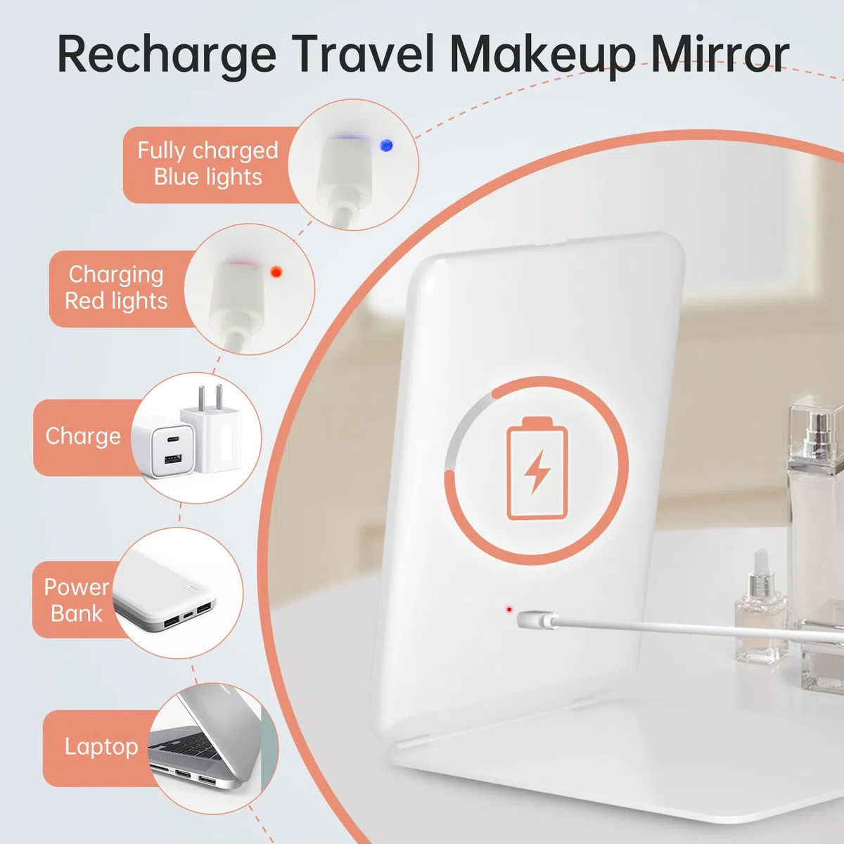 FUNTOUCH Kosmetikspiegel mit Beleuchtung, 2000mAh Wiederaufladbarer Tragbarer Ultraschlanker Reisespiegel mit Licht, 3 Farblichter Schminkspiegel, Faltbarer Makeup Spiegel für Zuhause Reise