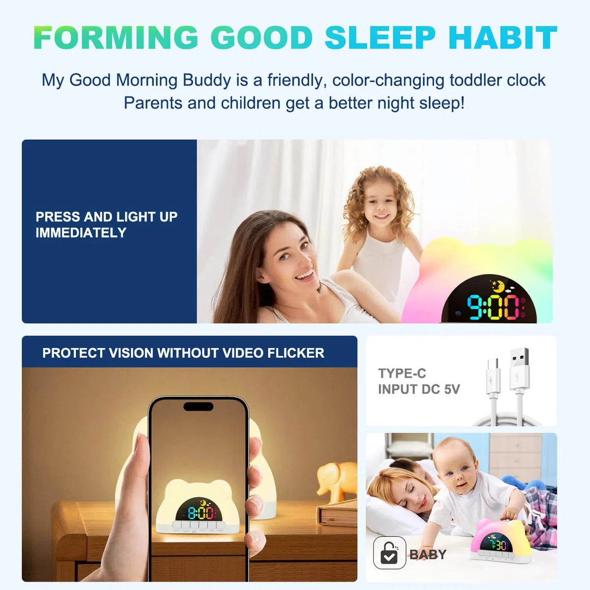 Azyh Kinderwecker, Wecker Digital für Mädchen Jungen, Schlaftrainer Kinder mit 11 RGB Farb Nachtlicht, OK zum Aufwachen der Plug-In Elektrische Wecker, 10 Soundeffekten, Dual Alarms, Snooze, 12/24