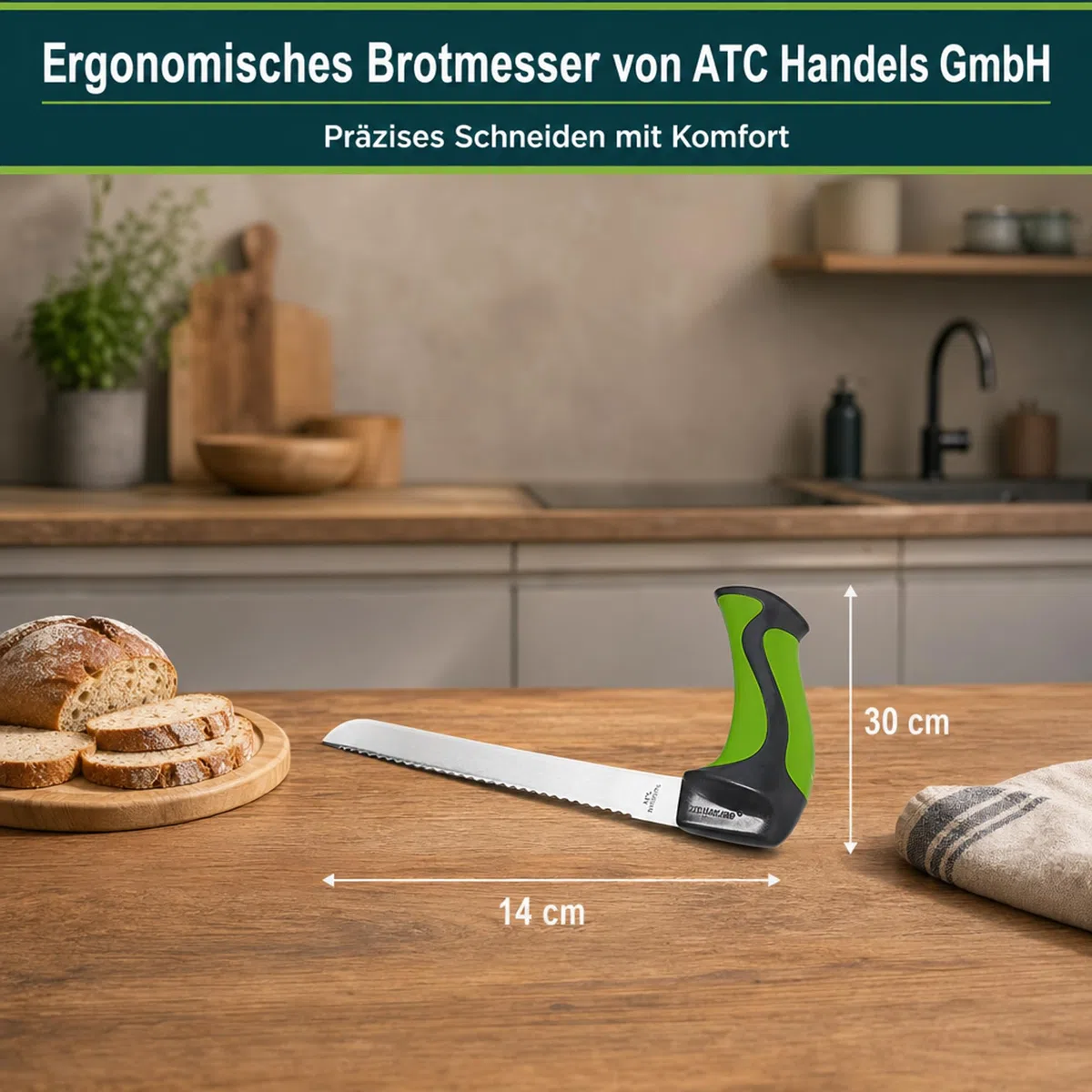 ATC Handels GmbH Ergonomisches Brotmesser – für präzises Schneiden – mit abgewinkeltem Griff