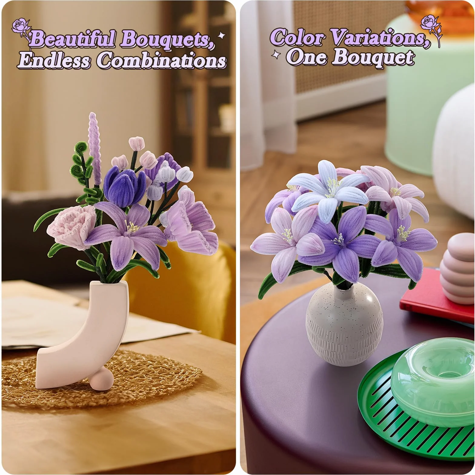 Funtopia Pfeifenreiniger Blumen Bastelset, 540 Stück Pfeifenputzer zum Basteln mit 15 Blumen-Designs Anleitung, Chenilledraht, Blütenstempel, Blumendraht & Klebeband, DIY Blumenstrauß, Lila & Violett