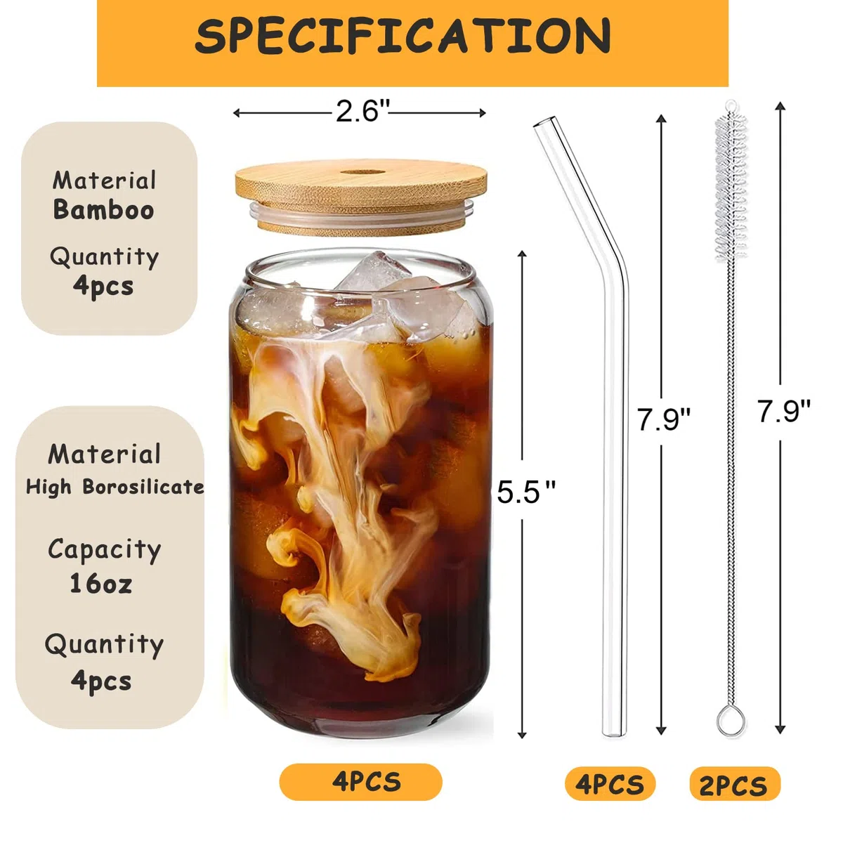 4er Set Glas mit Deckel und Strohhalm, 500ml Trinkgläser mit Deckel, Cocktailgläser Glasbecher,Iced Coffee Glas,Trinkbecher,Ideal für Cappuccino,Eiskaffee,Smoothie,Latte,Limonaden,Geschenk