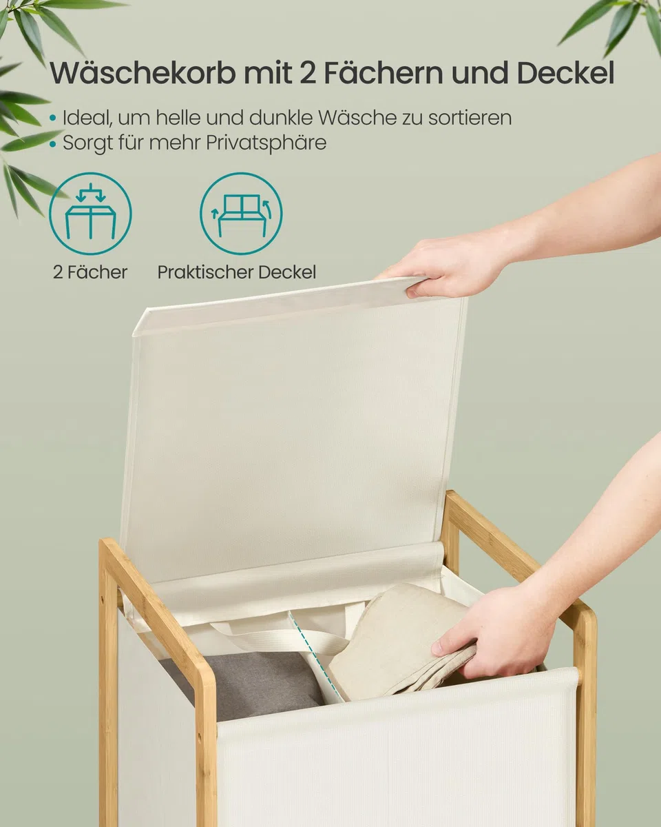 SONGMICS Wäschekorb 2 Fächer, Wäschesammler mit Bambusrahmen, verstärkter und abnehmbarer Deckel, Wäschesack abnehmbar, Wäschesortierer 100 L, cremeweiß RLH102WD01