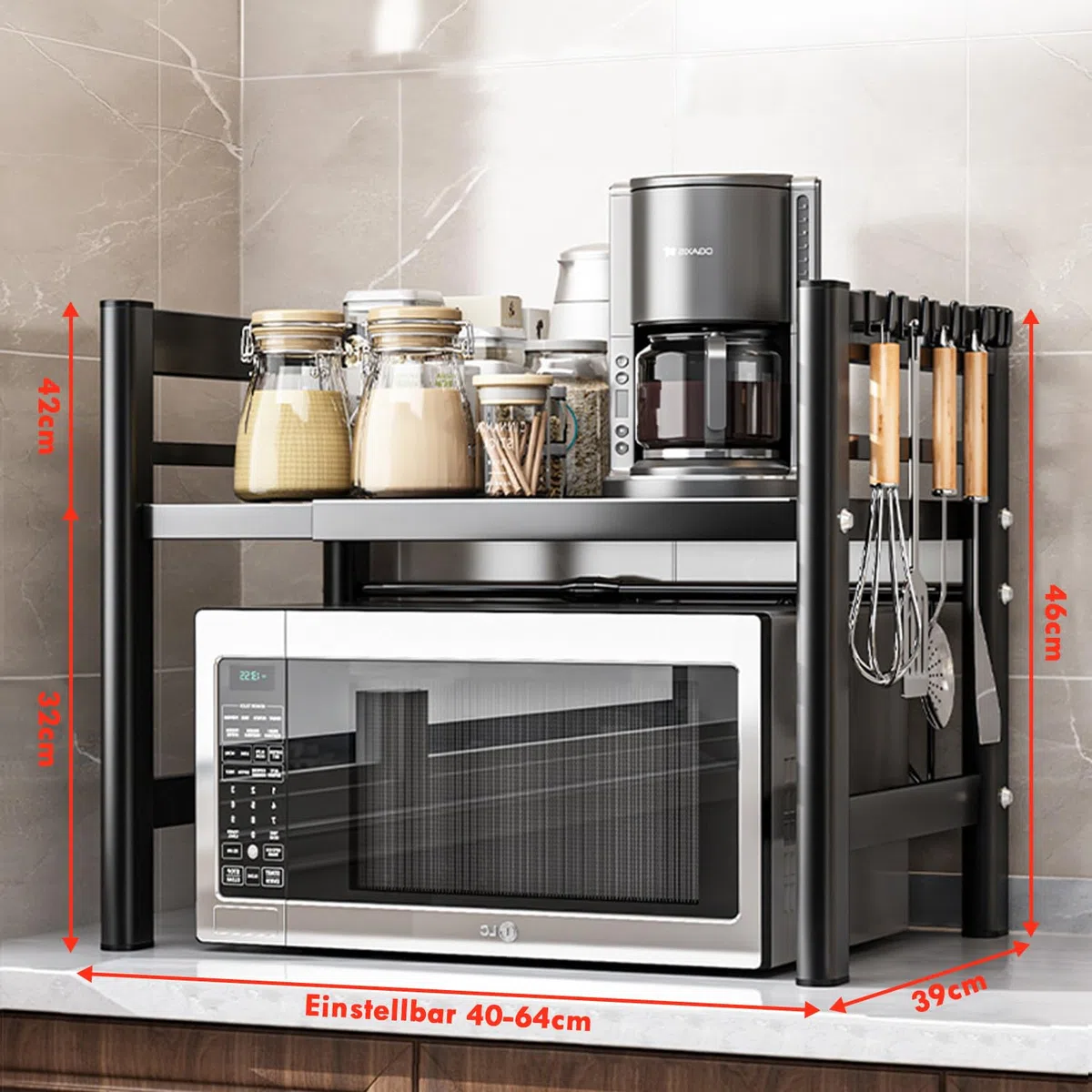 Verstellbares Mikrowellenregal, 2-Stufig Erweiterbares Küchen Mikrowelle Ständer Regal, Mikrowellenhalter aus Kohlenstoffstahl, Küchenaufbewahrung Organizer mit 6 Haken, Schwarz