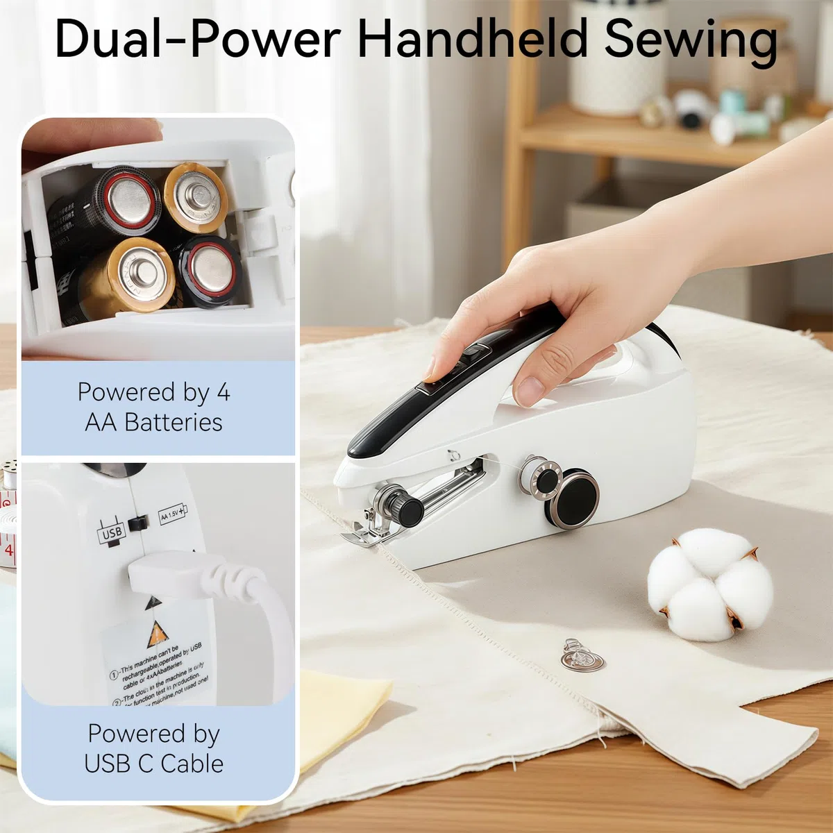 Handnähmaschine Elektrisch, Qoosea Mini Nähmaschine für Anfänger Schnell Nähen, Tragbare Mini Sewing Machine mit Nähzubehör Batterie- und USB-betrieben, Overlock Nähmaschine Klein Haus & Reise