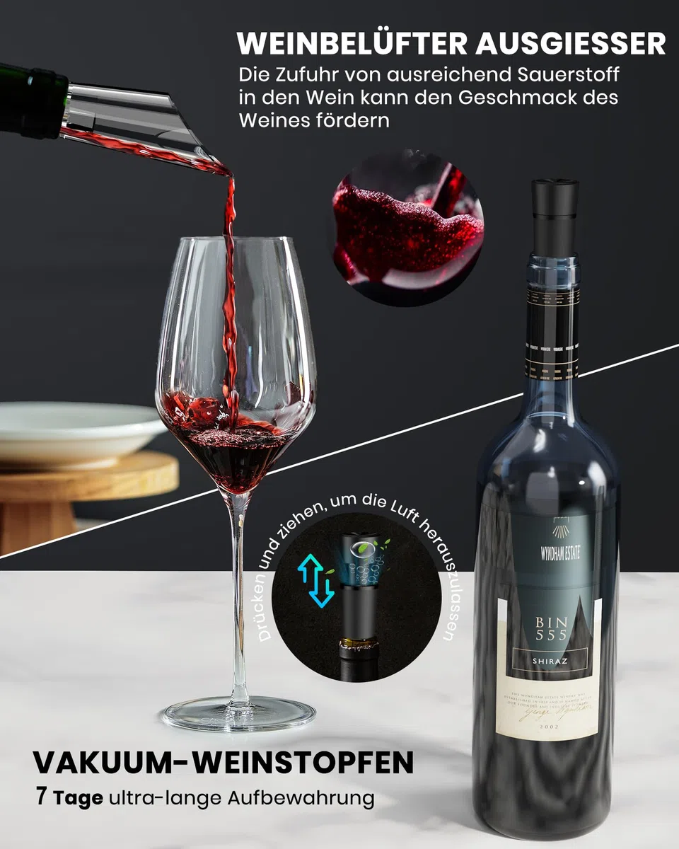 Elektrischer Korkenzieher Wein, Wiederaufladbarer Elektrischer Weinöffner Geschenk Set mit Flaschenöffner, Aufbewahrungsbasis, Weinausgießer, 2 Wein Vakuumpumpe, Kapselschneider und USB-Kabel