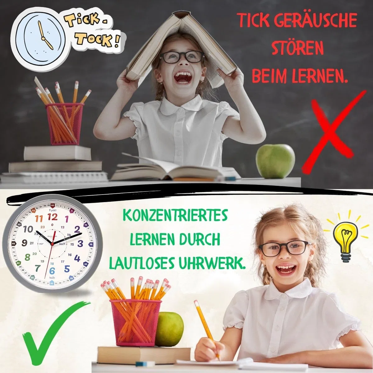 Bada Bing Montessori Wanduhr für Kinder - bruchfeste Acrylglasscheibe - Lernuhr ohne Tick Geräusch - analoge Kinderuhr zum Lernen der Uhrzeit - Kinderzimmer Mädchen, Jungen Uhr Ostergeschenk Kinder