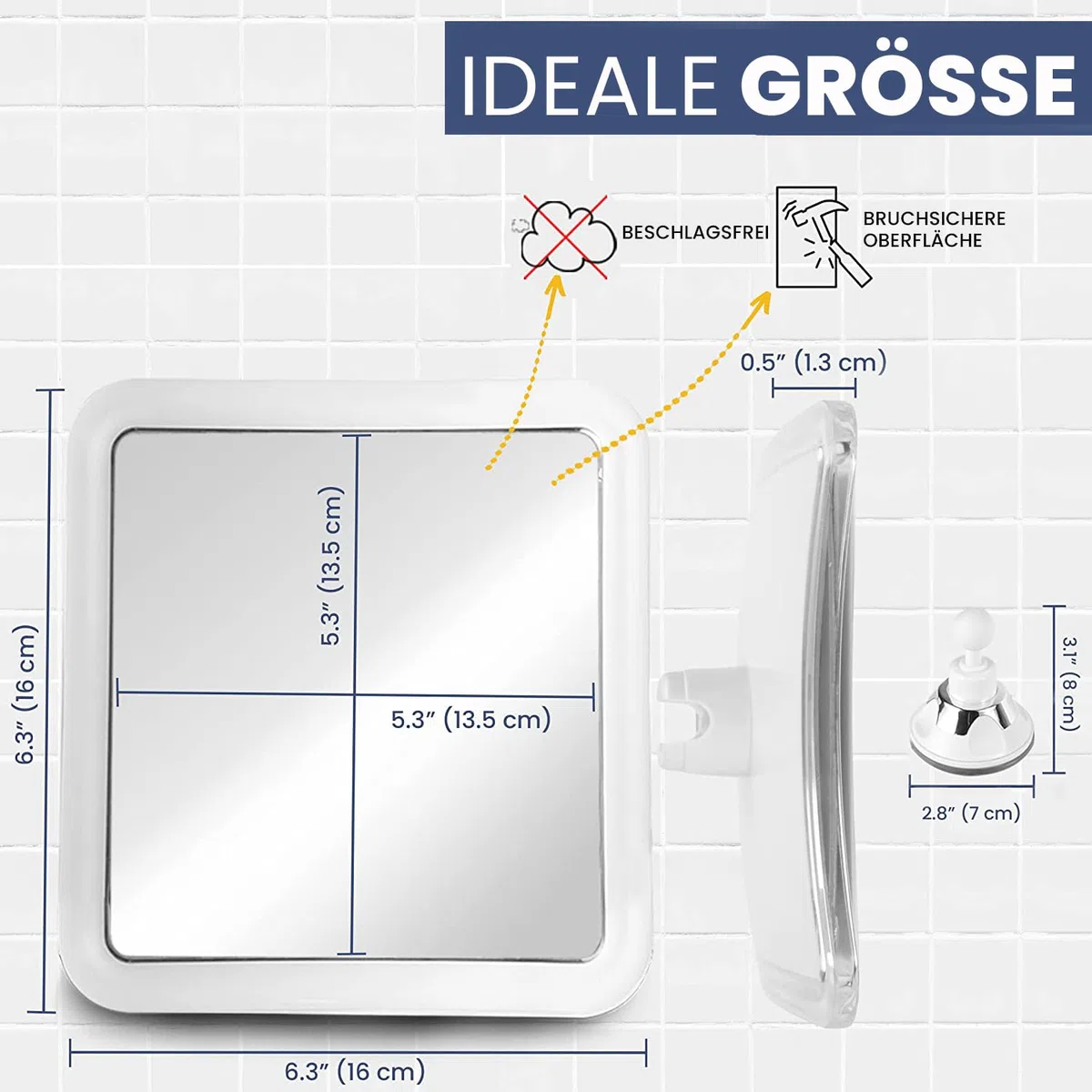 Mirrorvana Antibeschlag Duschspiegel mit Saugnapf, Bruchsicherer Rasierspiegel für die Dusche, Beschlagfreier Badspiegel, Unzerbrechlicher Rasierhelfer 16x16 cm