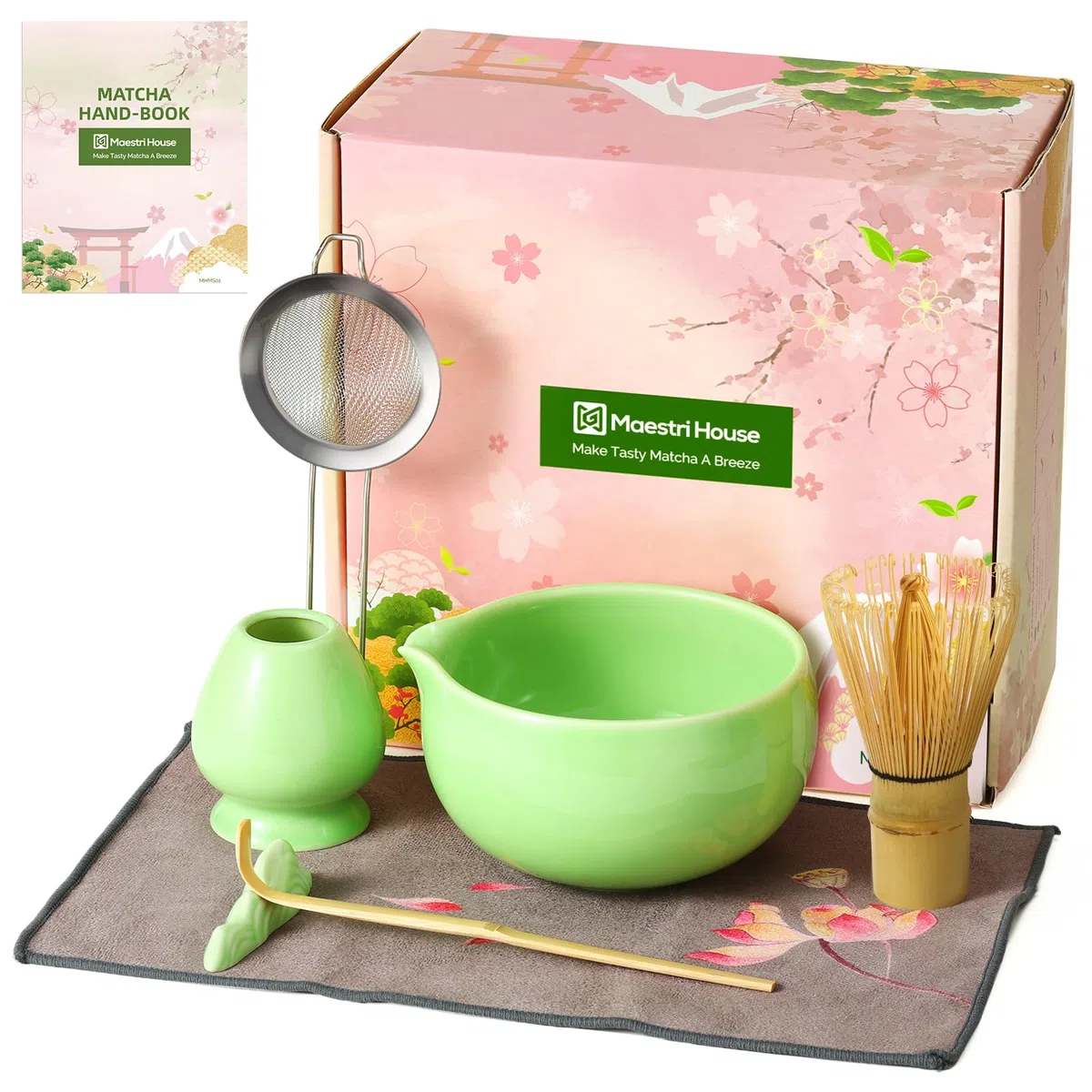 Maestri House Matcha Besen Set Geschenkset 7-Teilig – Japanisches Matcha Zubehör Set mit Ausgießer-Schale, Bambus Chasen & Halter – Hochwertige Geschenkidee für Matcha Liebhaber, Grün