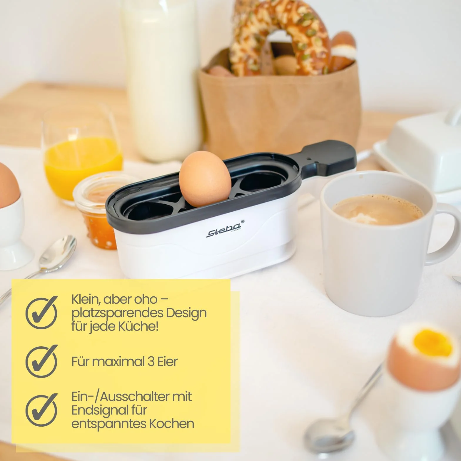 Steba EK 4 Eierkocher, für max. 3 Eier | Kochschale antihaftbeschichtet, Eiertray mit Tragegriff, Messbecher mit Eierpick, 350 Watt