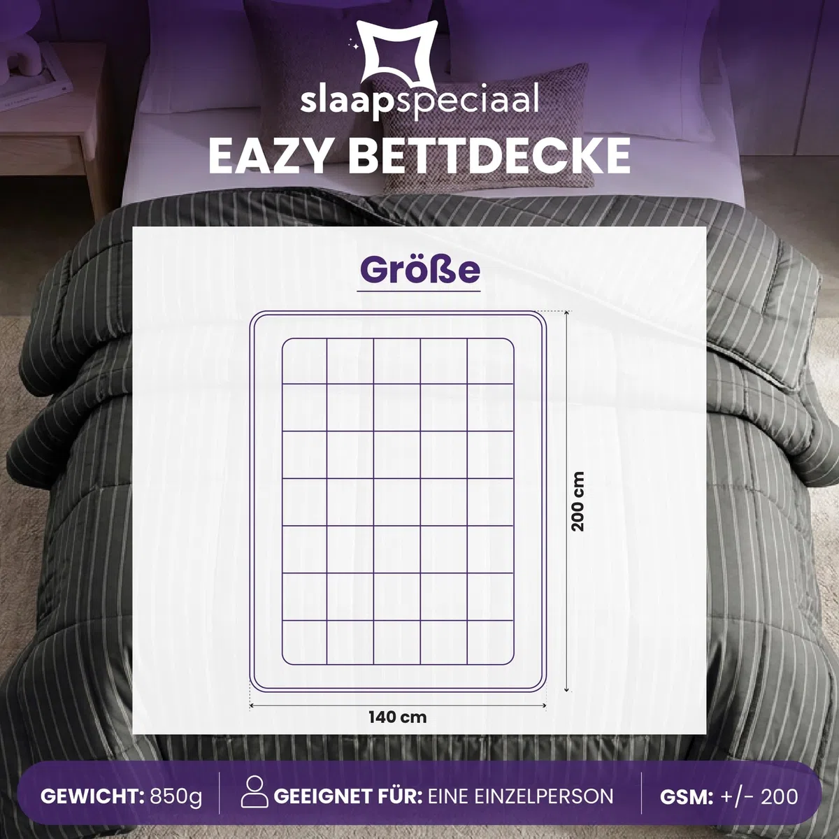 Sommerbettdecke 140x200cm - Bettdecke ohne Überzug [Hitzeklasse 4] Luftig, Leicht & Kühlend - Dünne Allergiker Sommerbettwäsche - Antrazit gestreift