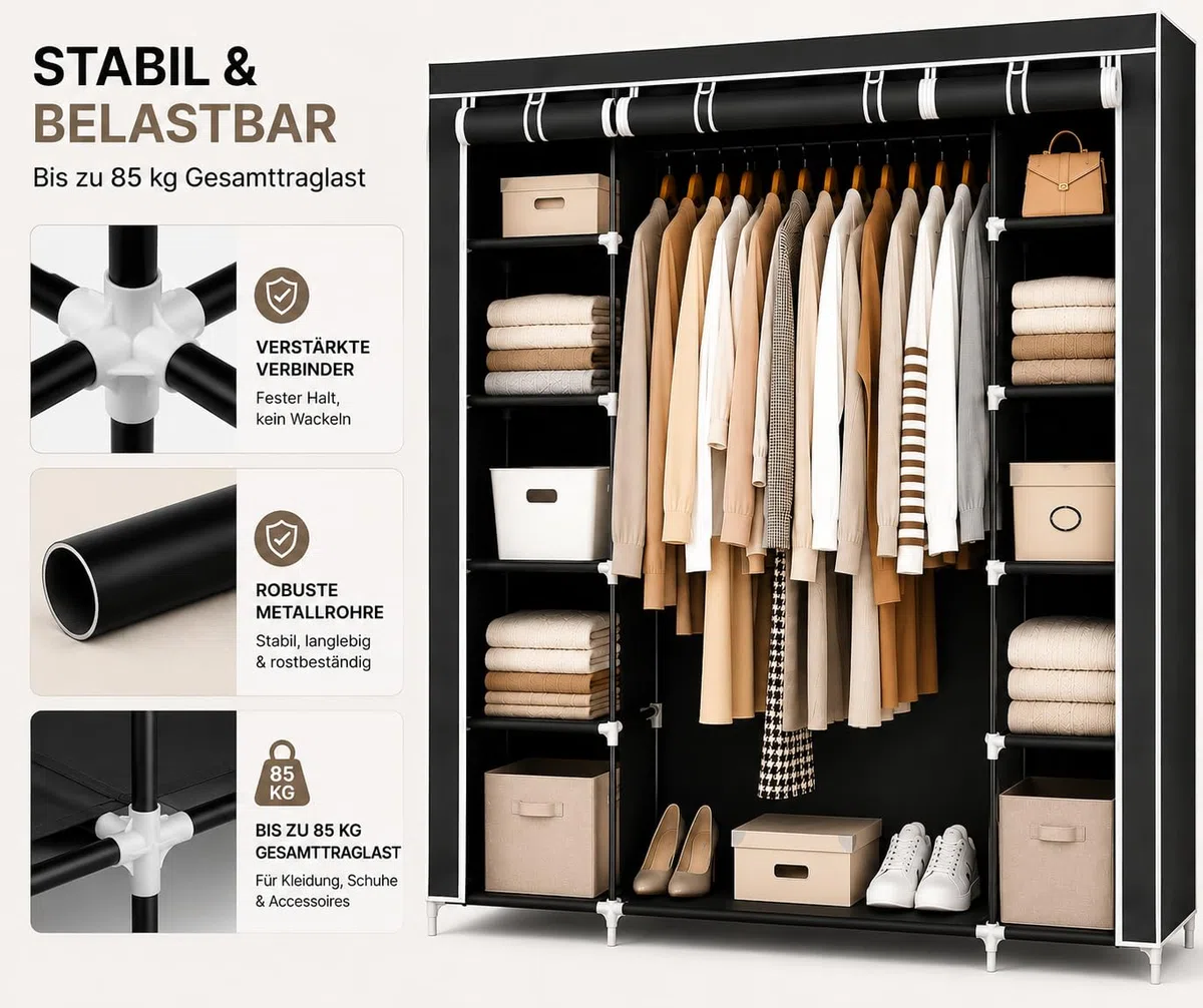 Stoffschrank (XXL)| Faltbarer kleiderschrank mit Kleiderstange und 11 Einlegeböden | schwarzer Kleiderschrank mit aufrollbarer Reißverschlusstür und vielen Montagemöglichkeiten