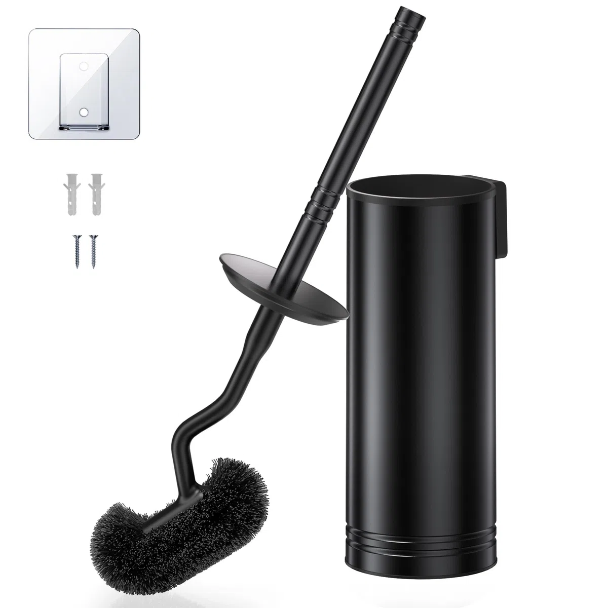 HAMITOR Edelstahl Klobürste Set: Toilettenbürste mit Wandmontage Ohne Bohren, WC Bürste für Tiefenreinigung unter dem Rand mit Schnell trocknendem & Abtropf-Halter, Langer Griff im Badezimmer-Schwarz
