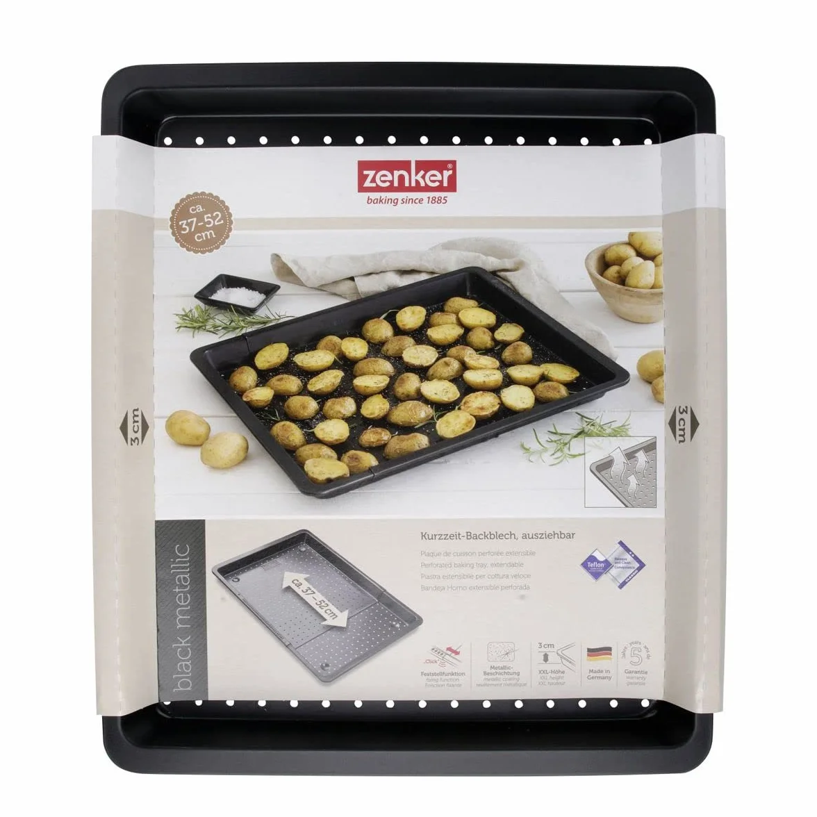 Zenker Black Metallic Perforiertes Backblech – Ausziehbar für perfekte Baguettes, Kuchen & Pizza, 52-37x33 cm, Ausziehbares Blech, Perforiert