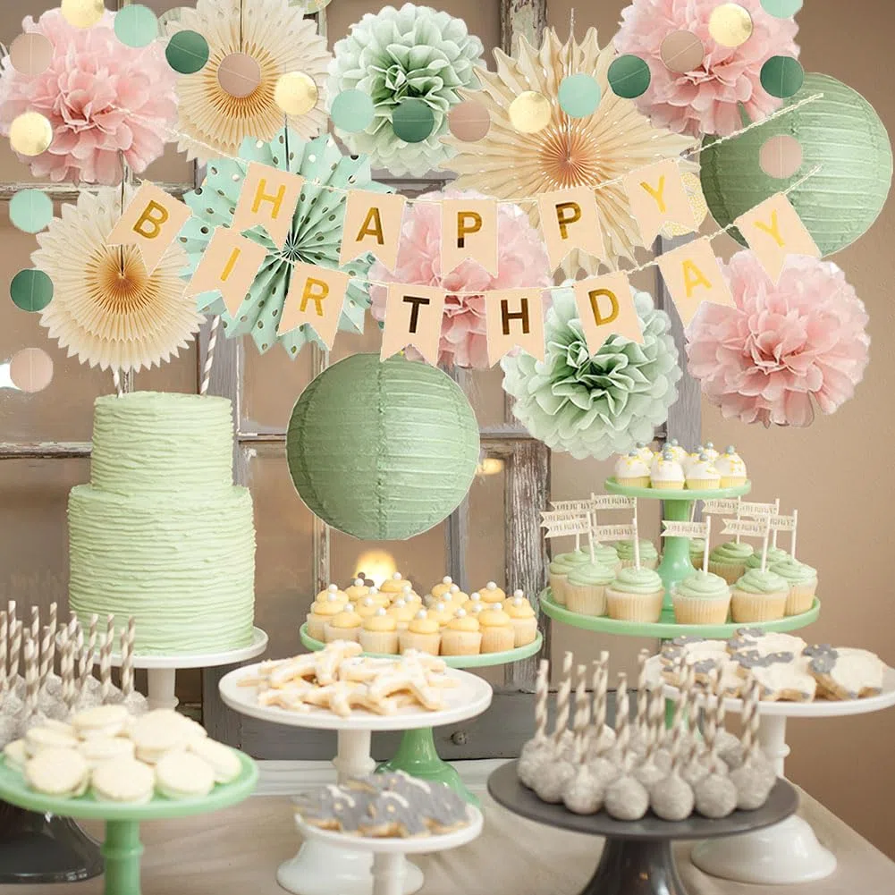 Geburtstagsdeko Salbeigrün Hellrosa Mädchen Deko Geburtstag Salbeigrün Rosa Boho Geburtstagsdeko Hellrosa Pastellgrün mit Happy Birthday Banner Beige Gold für Frauen