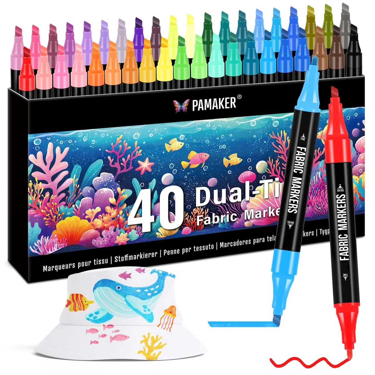 Pamaker 40 Textilstifte Dual Tip – Waschmaschinenfest und Permanent für T-Shirts, Stofftaschen, Schuhe und mehr – Ungiftig, ideal für Kinder und Erwachsene