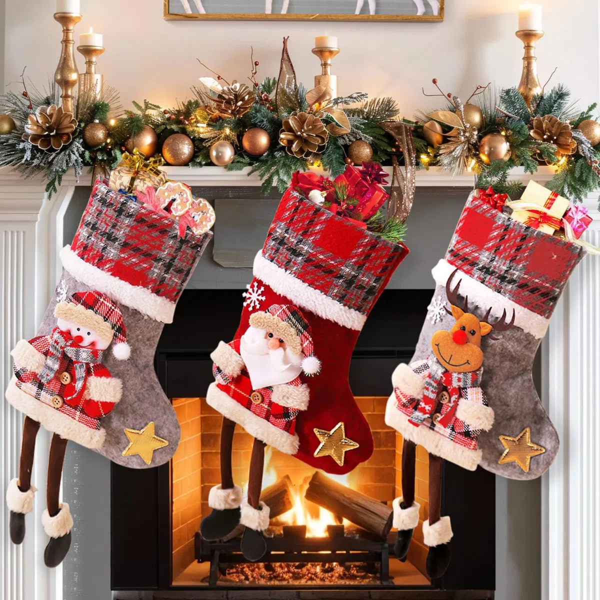 Nikolausstrumpf Kinder 3er Set, Klein Weihnachtsstrumpf Personalisiert Weihnachtssocken Kamin Nikolaus Socken Weihnachten Deko, Rot Grau Nikolausstiefel zum Befüllen Weihnachtsstrümpfe Weihnachtsdeko