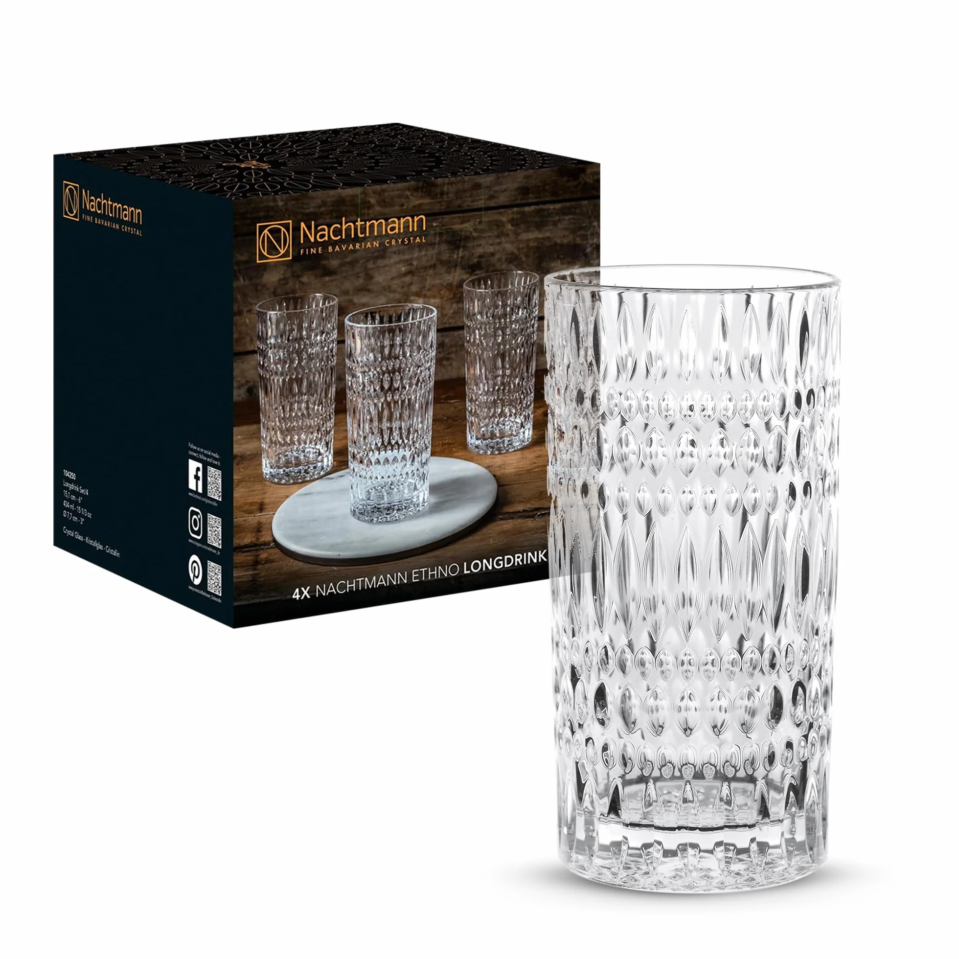Nachtmann Longdrinkgläser 434 ml, 4 Stück, Ethno, 104250, Cocktailgläser aus Kristallglas, Trinkgläser spülmaschinenfest