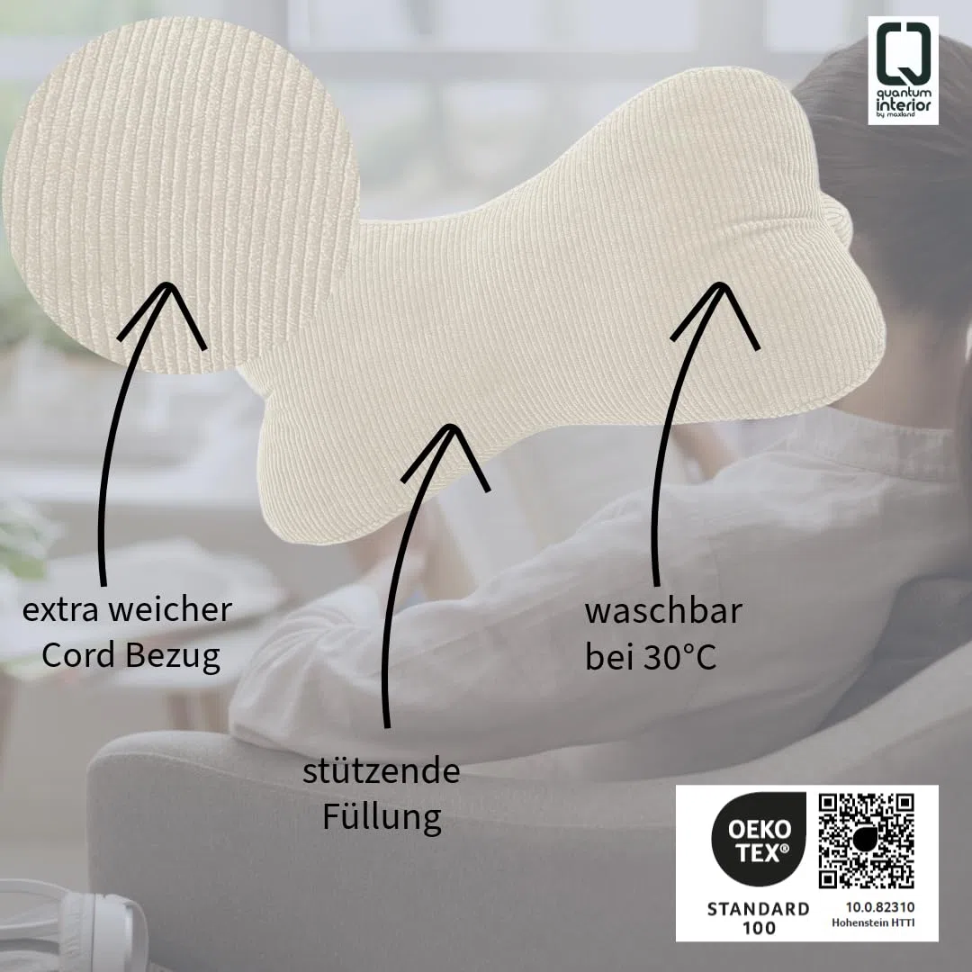 Leseknochen, Lesekissen, Nackenrolle Nackenkissen aus Cord,Stützkissen, Reisekissen mit Struktur,Formkissen,Buchauflage, Flexible Stütze für Bücher, E-Books oder Tablets-18x35cm (Offwhite Cord)