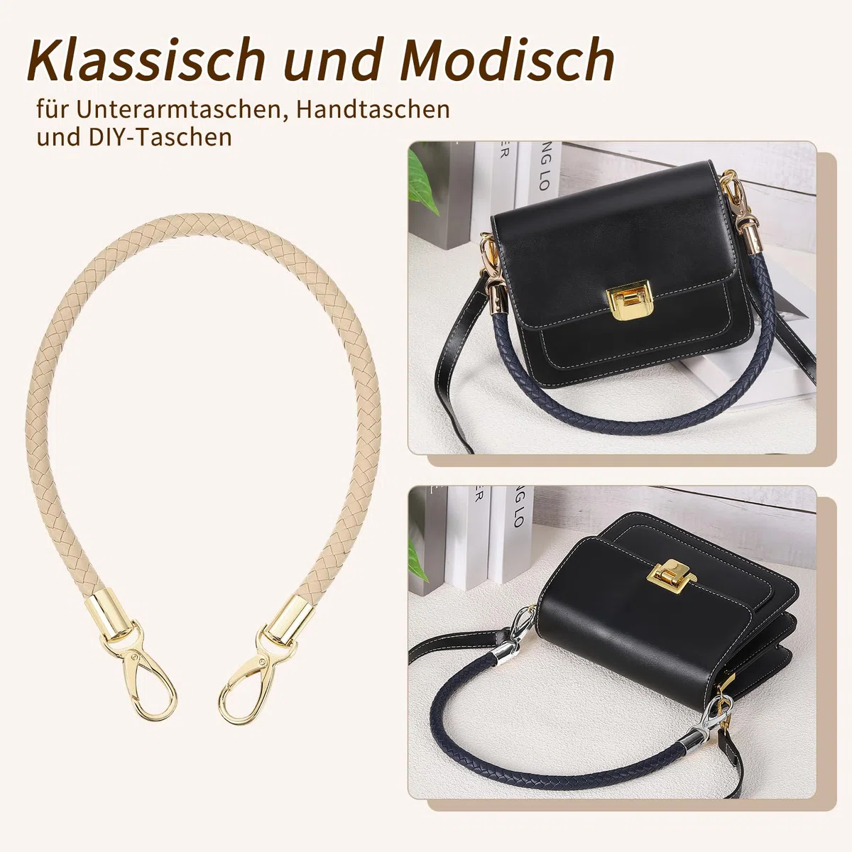 QUARKZMAN Taschenhenkel Lederriemen für Taschen, 2 Stück 60cm PU Taschengurt mit Metallschnallen Taschengriffe für Geldbörse Häkeltaschen Handtaschen (Beige Pink Gurt + Goldverschluss)