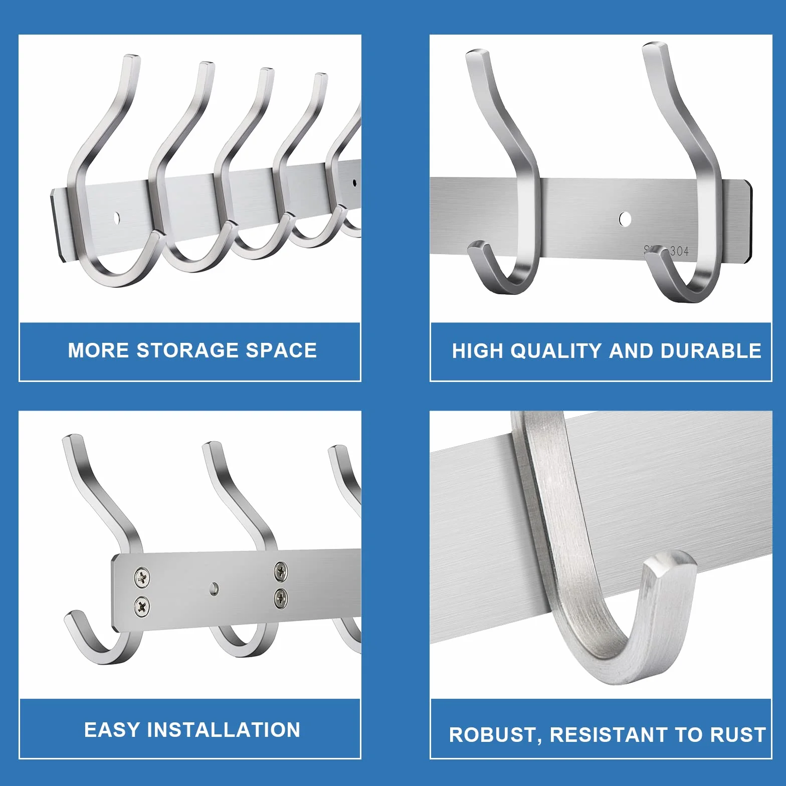 Garderobenhaken Edelstahl, Hakenleiste Kleiderhaken Wand mit 6 Haken, Garderobe Garderobenleiste Wandgarderobe für Schlafzimmer Bad Küche (Silber, 6 Haken)