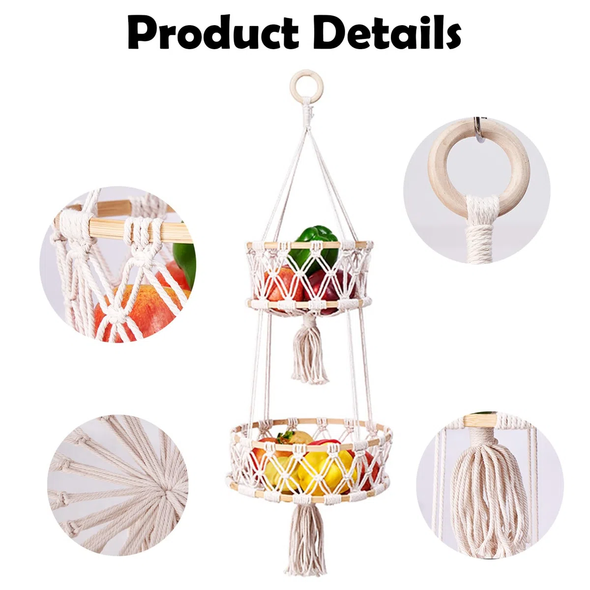 Vegetable Basket, 2 Tier Boho Hanging Handmade Kitchen, Living Room, Bathroom