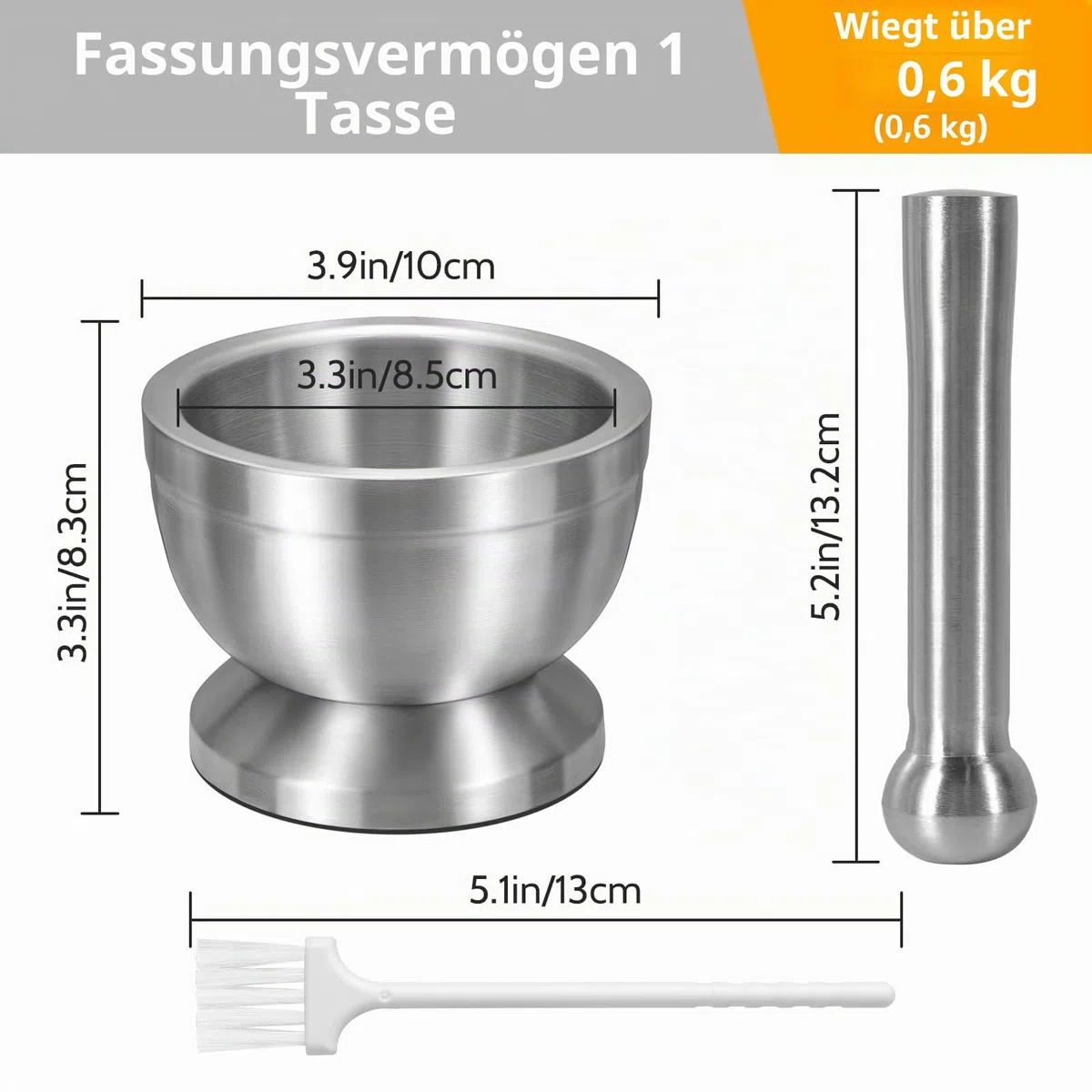 Sopito Mörser mit Stößel, 250ml Mörser mit Stößel Klein Edelstahl Lebensmittelecht Pestle and Mortar Stainless Steel, 10cm (3.9") Durchmesser