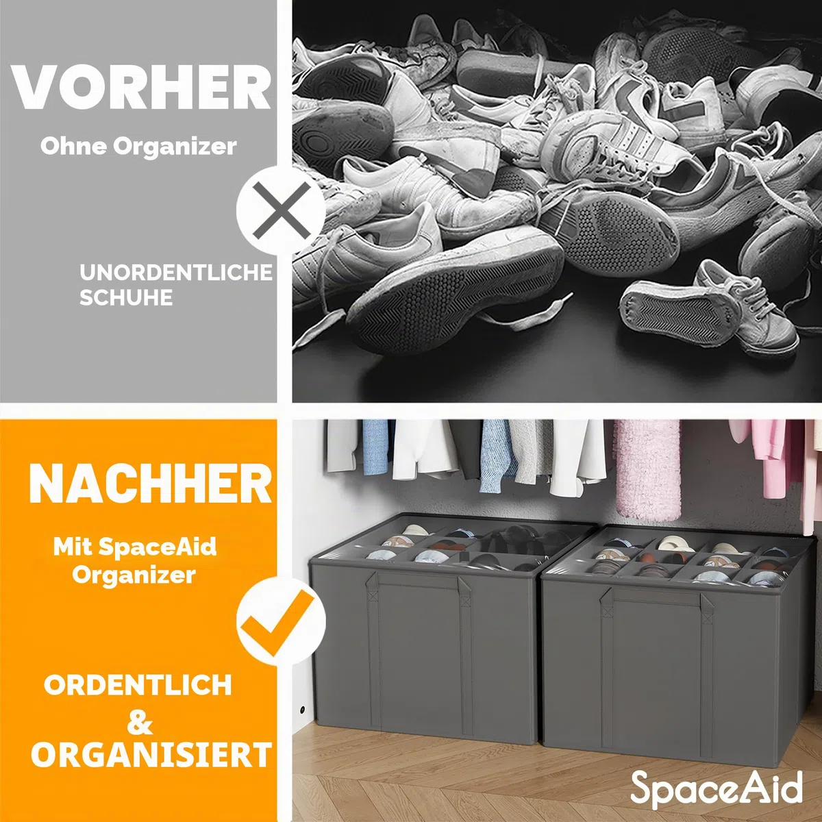 SpaceAid Schuh-Organizer für Schrank, faltbare Schuhaufbewahrungsbehälter, Körbe, Boxen mit verstellbaren Trennwänden, passend für 16–32 Paar, grau