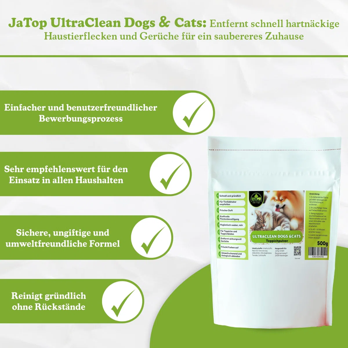 UltraClean Cats & Dogs Teppichreiniger Pulver zum Absaugen, Teppich Reinigungsmittel Pulver, Teppichpulver zum Reinigen von 10-15qm Teppichboden, 4 x 500g + Fleckenspray 250ml