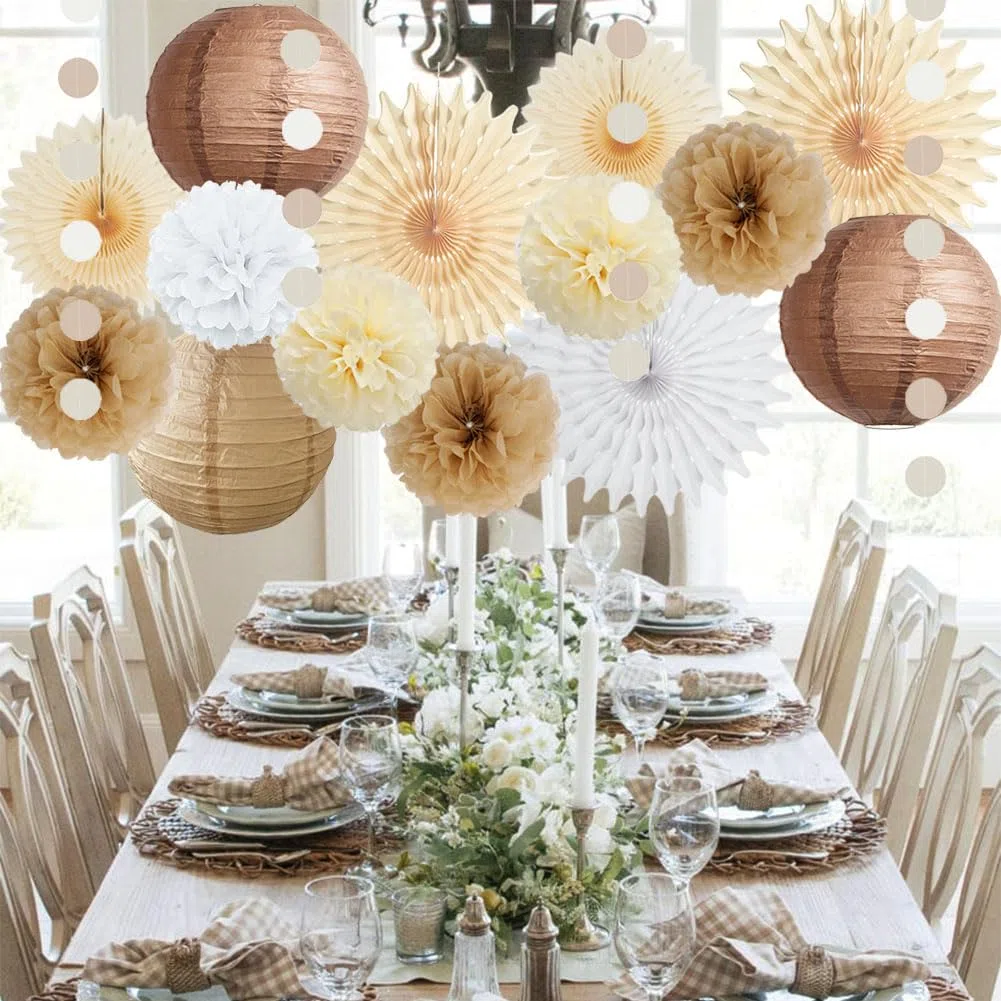 Party Deko Beige Braun Weiß Pompons Beige Creme Neutral Party Deko Boho für Vintage Babyparty Deko Beige Geburtstagsdeko Hochzeitsdeko