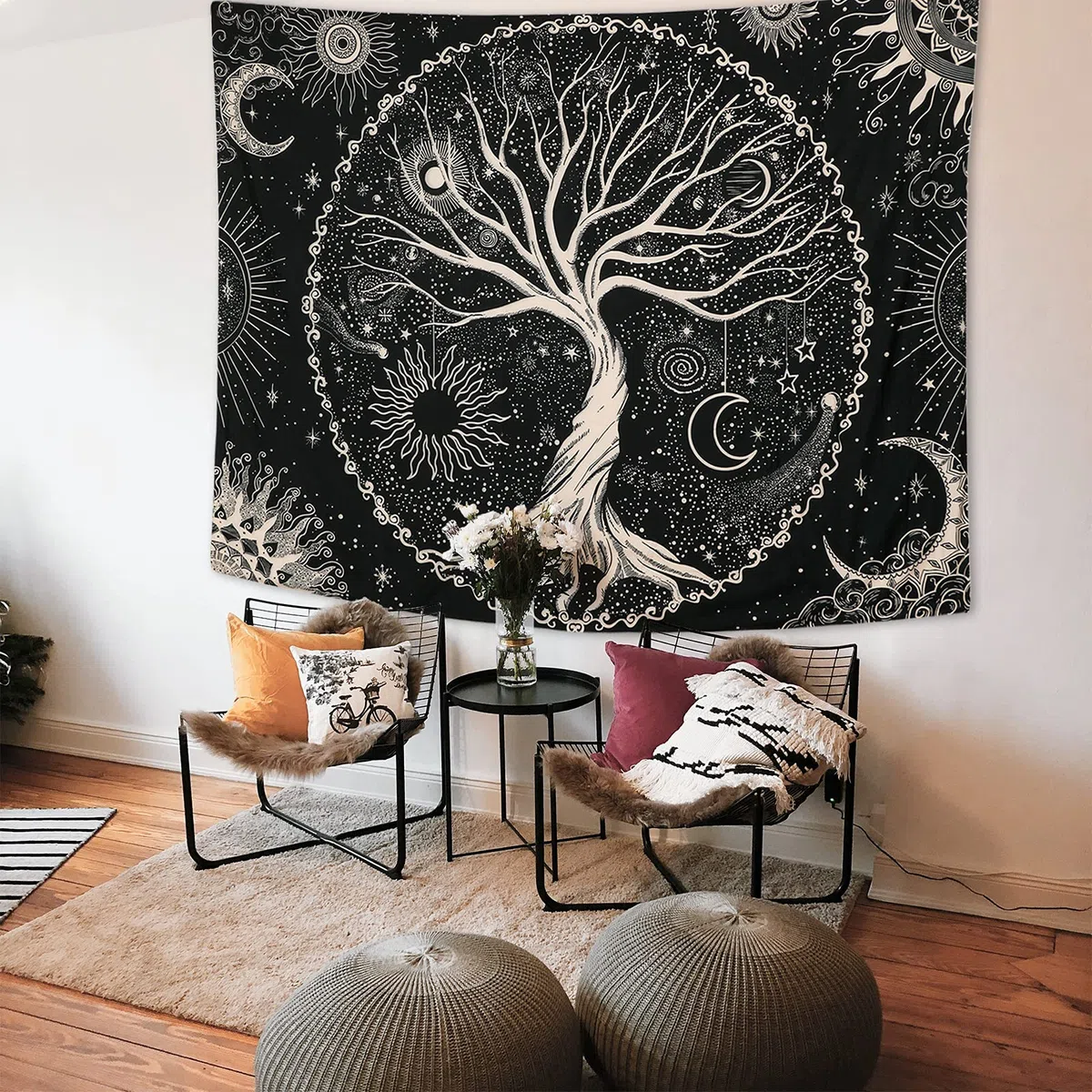 Betylifoy Baum des Lebens Tapisserie Mond und Sonne Schwarzer Wandbehang Psychedelisches Mandala Sternenhimmel Wandteppich Hippie Schlafzimmer (148x200cm)