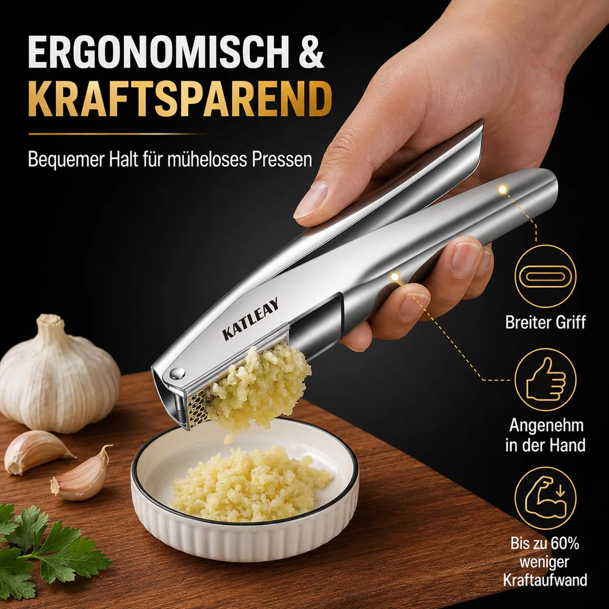 Profi Knoblauchpresse Edelstahl, Garlic Press Spülmaschinenfest - mit Schäler und Bürste, Leicht zu Quetschen, Leicht zu Reinigen, Bequem zu Halten, für Knoblauch & Ingwer (Kein Schälen Nötig)
