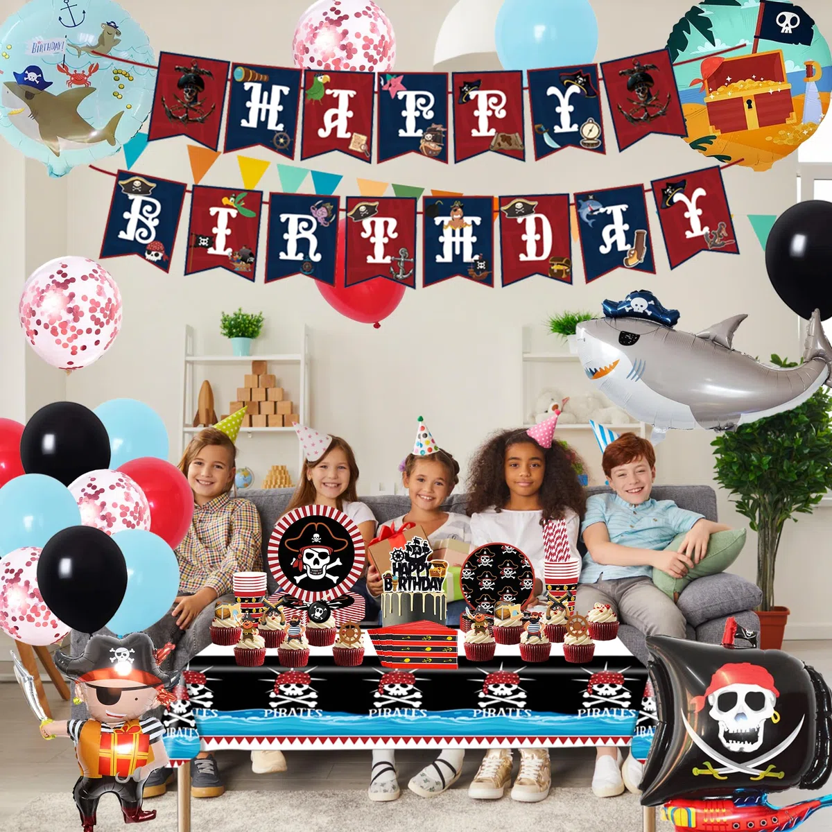Piraten Deko Kindergeburtstag Partygeschirr Set - Pirate Geschirr Pappteller Becher Servietten Strohhalme, Piratenschiff Folienballon und Happy Birthday Girlande für Geburtstagsdeko