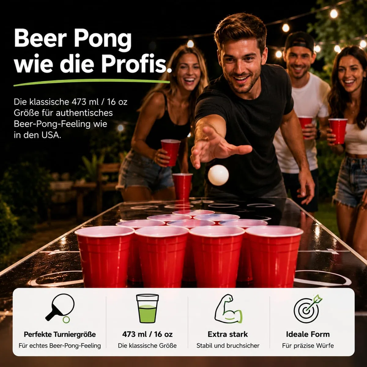 Red Cups extra stark – 473 ml / 16 oz Beer Pong Becher, wiederverwendbare Partybecher, rote Plastikbecher für Bierpong, Partys, Festivals, JGA, Camping (250x)